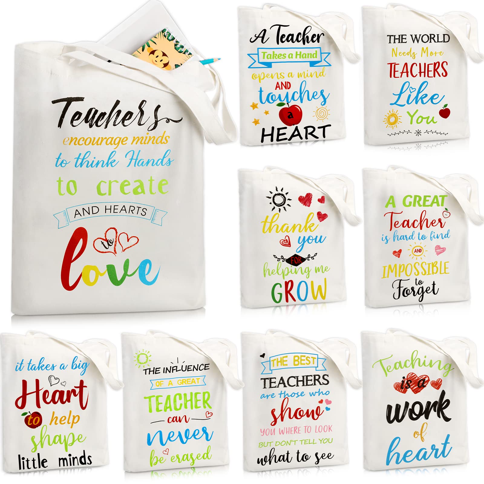 Spiareal 9 Pieces Teacher Appreciation Gifts Teacher Canvas Tote Bags Teacher Gifts for Women Travel Bag(White)