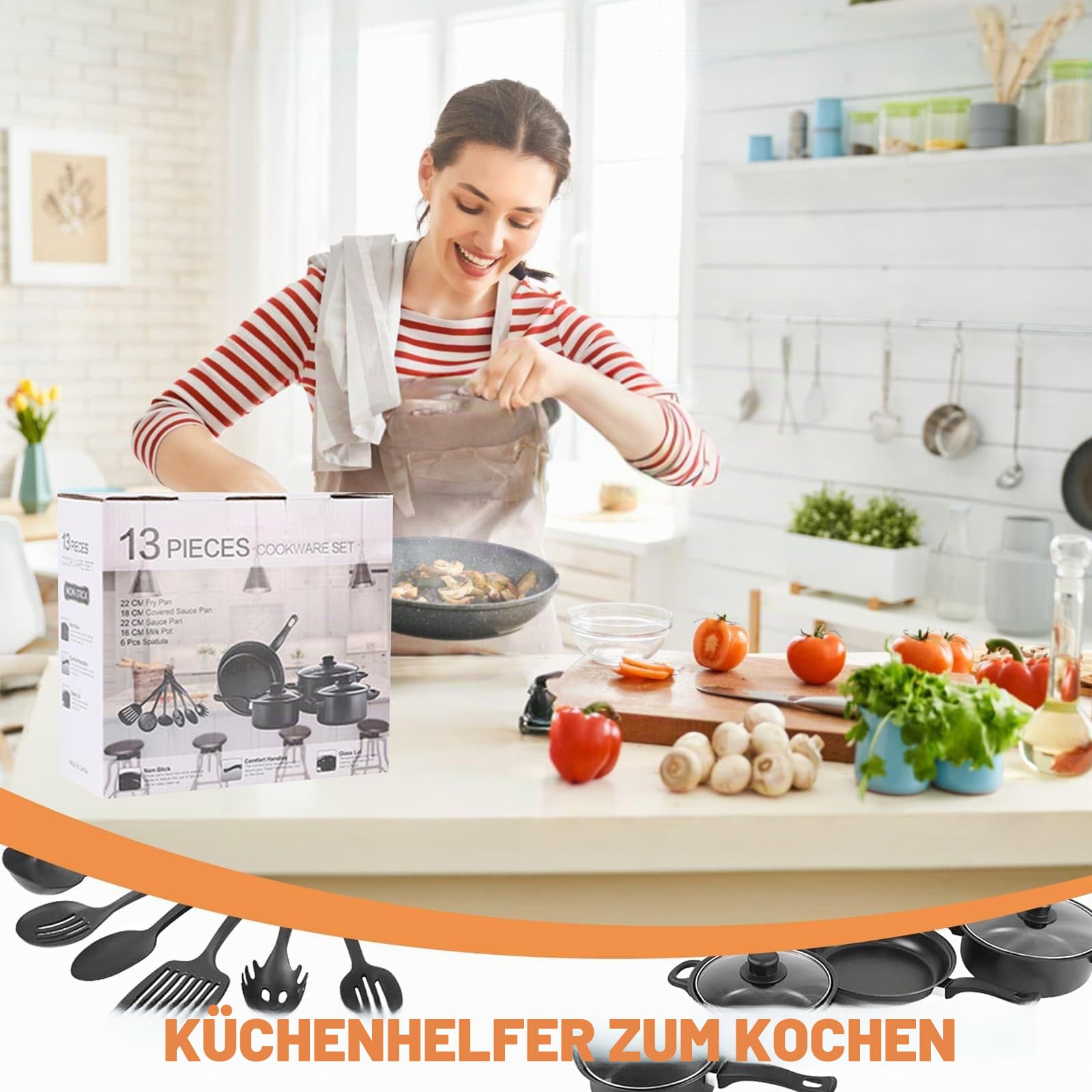 Induktionskochfeld-Topf-Set, 13-teilig, antihaftbeschichtete Töpfe und Spatel, Küchen-Kochgeschirr-Set, Bratpfanne, Suppentopf mit Anti-Verbrühungsgriff, stapelbares Kochgeschirr, Camping-Set für alle