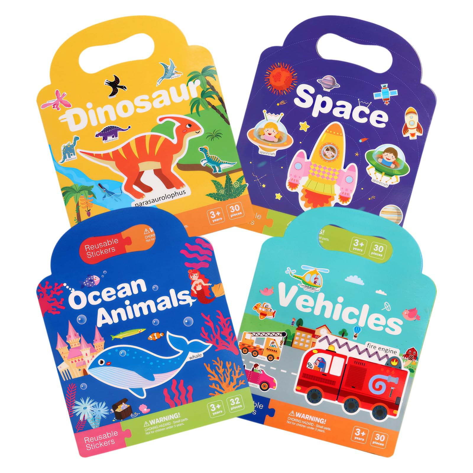 Set De 4 Libros De Pegatinas Reutilizables Para Niños – 3D – Temas Espacial, Marino, Transporte Y Dinosaurios – Portátil