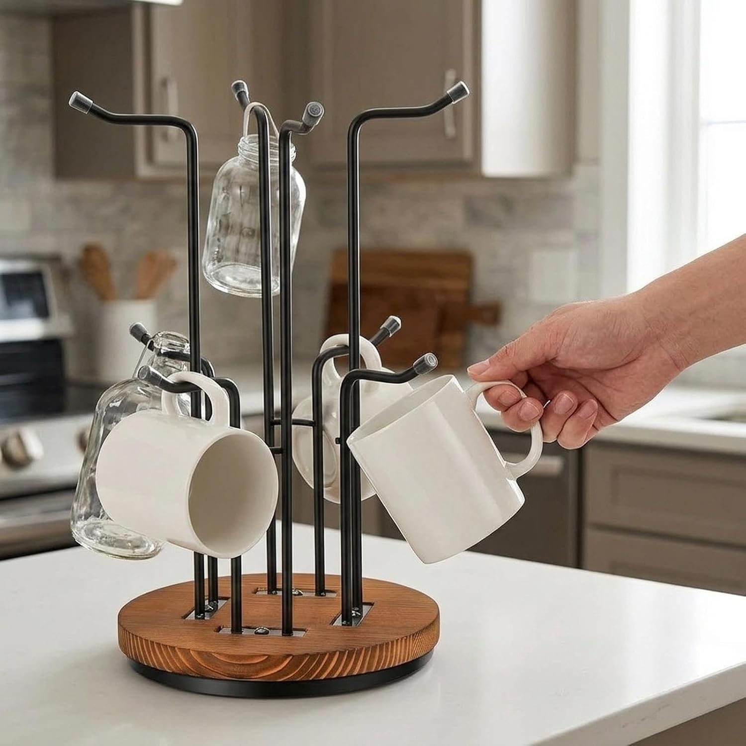 Coffee Mug Holder Mug Rack Stand Tree Rotated Hooks Wooden Cup Holder Anti Slip Stable Base Suitable for Birthday Gift Home Storage, 8 Hooks