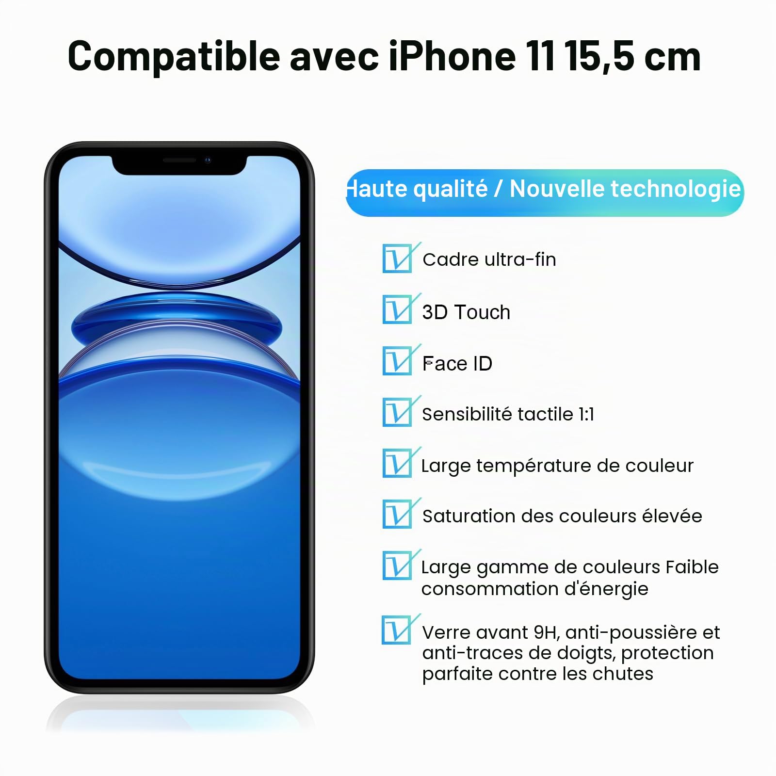 DTD Écran LCD pour iPhone 11, 3D Touch Remplacement Verre Digitizer Pièces 6,1 Pouces de Rechange, Compatible avec modèle A2111, A2221, A2223 (Remarque : écran LCD Uniquement)