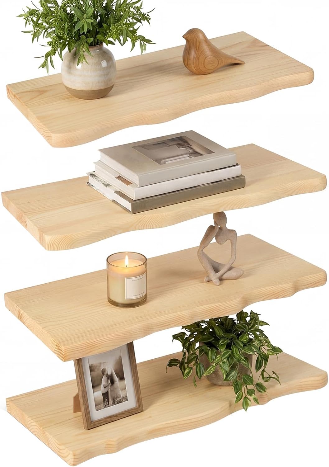 Pinkunn 4 Pcs Floating Shelves for Wall Rustic Wooden Floating Shelf Wooden Shelves for Bathroom Living Room Bedroom Kitchen Wall Mounted Live Edge Pine Shelf(Natural Wood Color,15.75 Inches)
