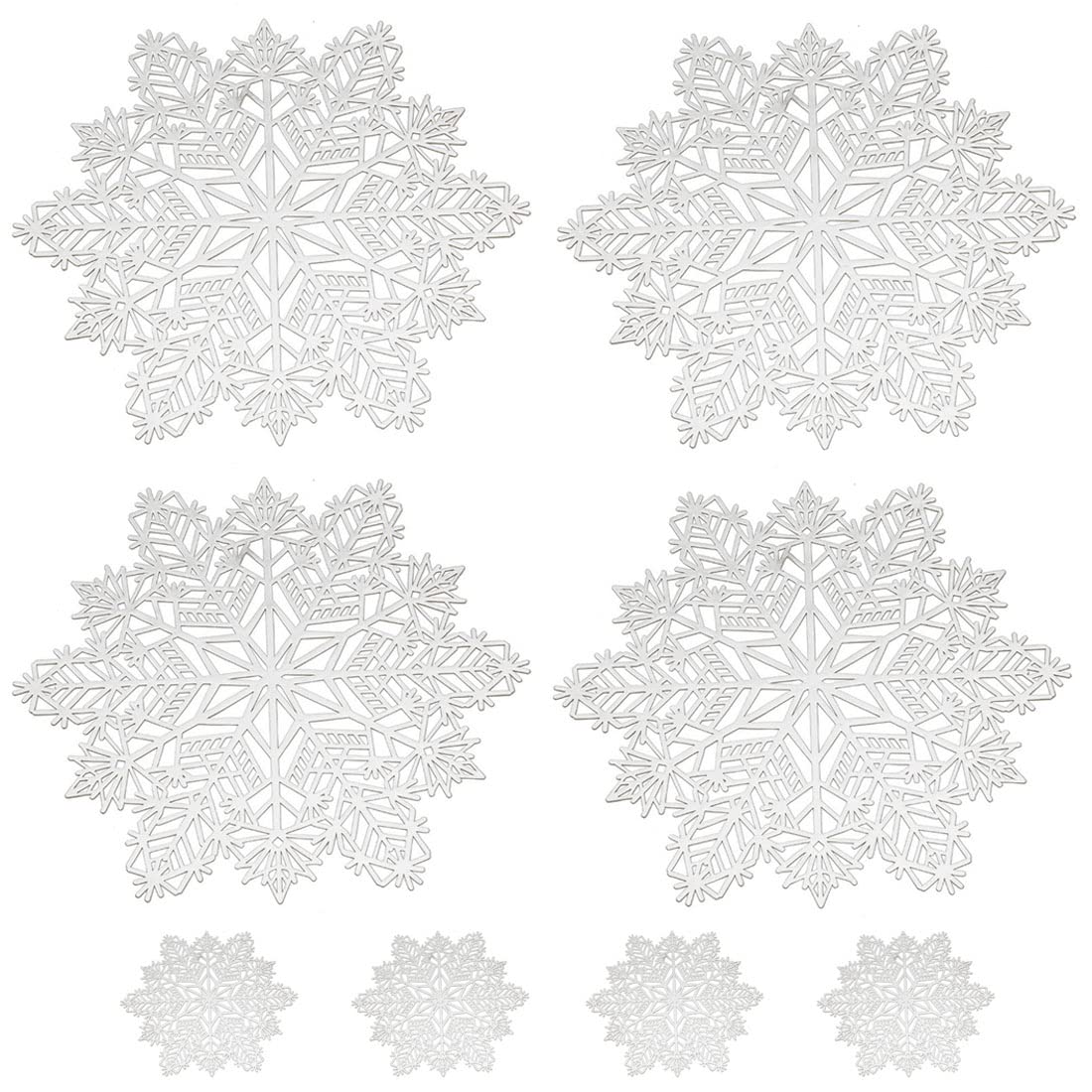 Elome Snowflake Placemats 4 Pairs, 15 Inch Round Metallic Vinyl Christmas Festival Doilies Lunch mats Holiday Party Restaurant Home Table Decorations with Matching Coasters, Silver