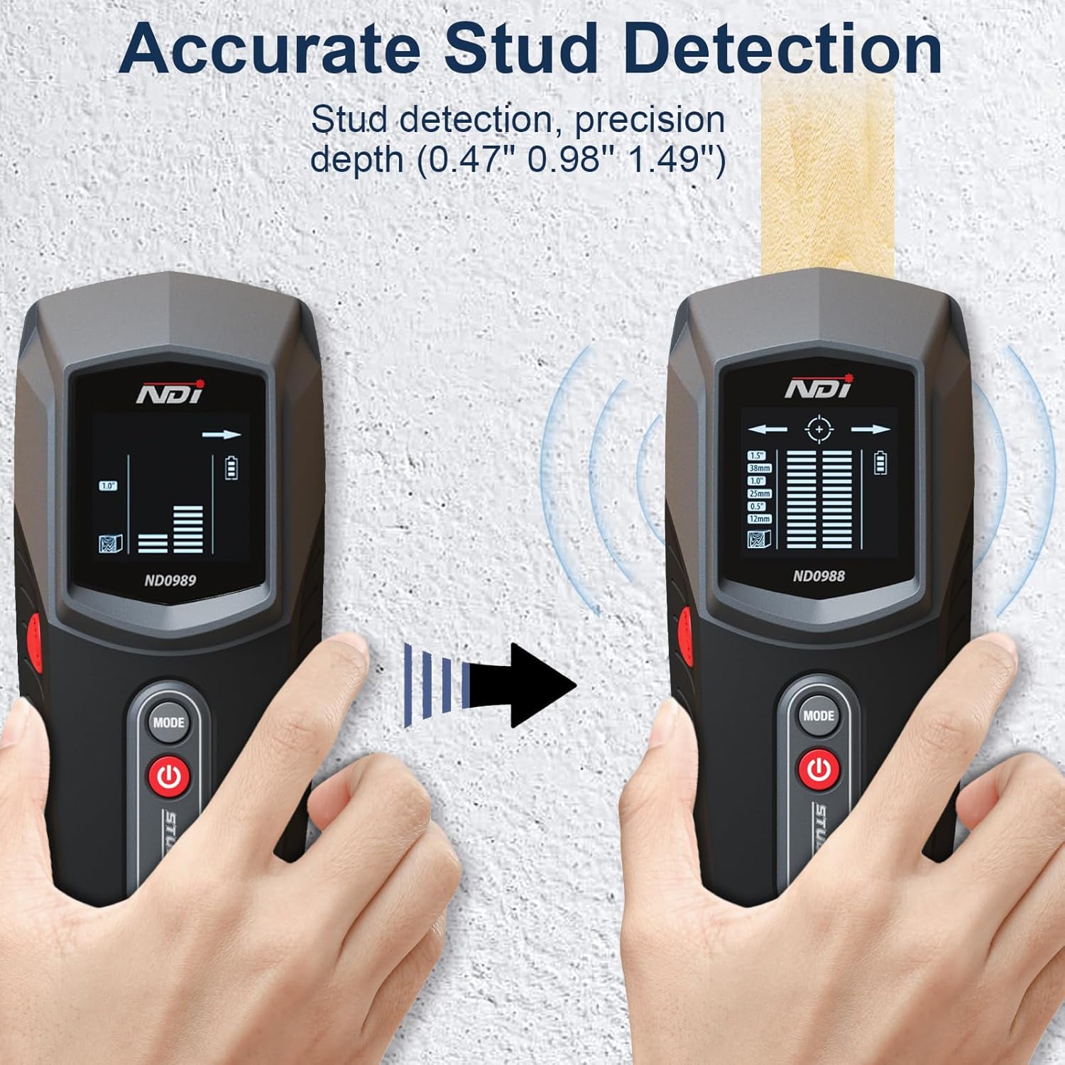 NDI ND0988 Stud Detector in use, showing accurate stud detection with signal strength bars and bullseye icon.