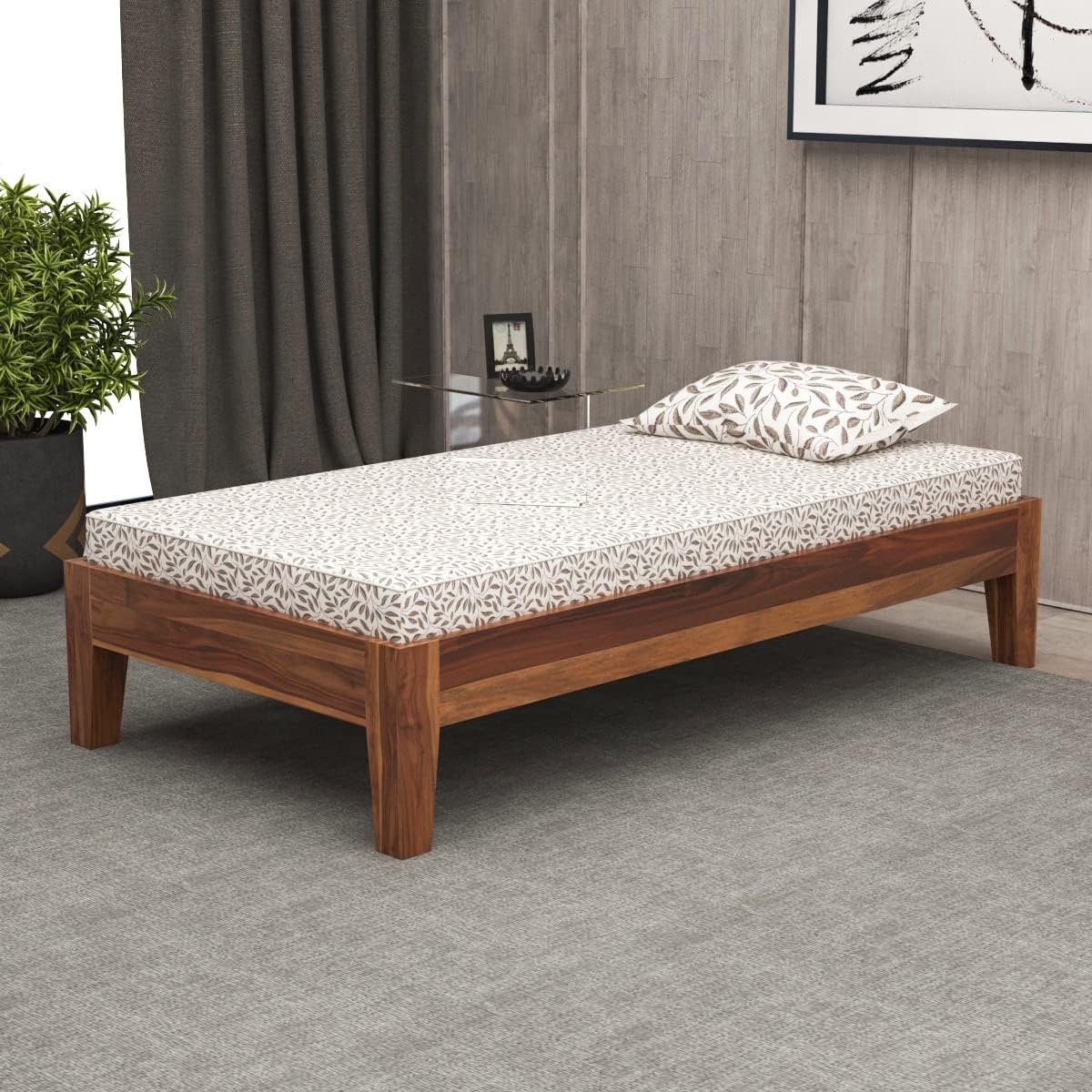 Sheesham Wood Single Bed Without Headboard for Bedroom Wooden Single Palang for Home (Natural Finish)-image-43