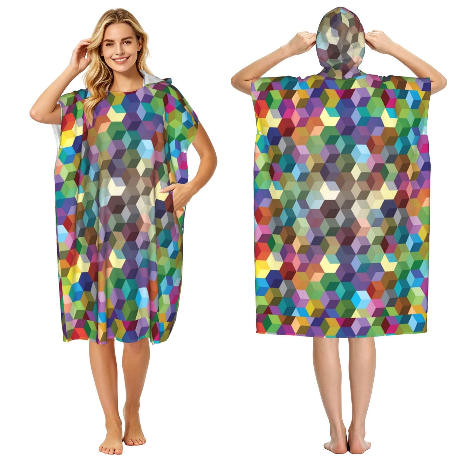 Poadnly Abstract Color Cubes Purple Print, Adult Hooded Beach Towel 90 x 110 cm,Changing Bath Robe, Surf Poncho Towel For Women Men