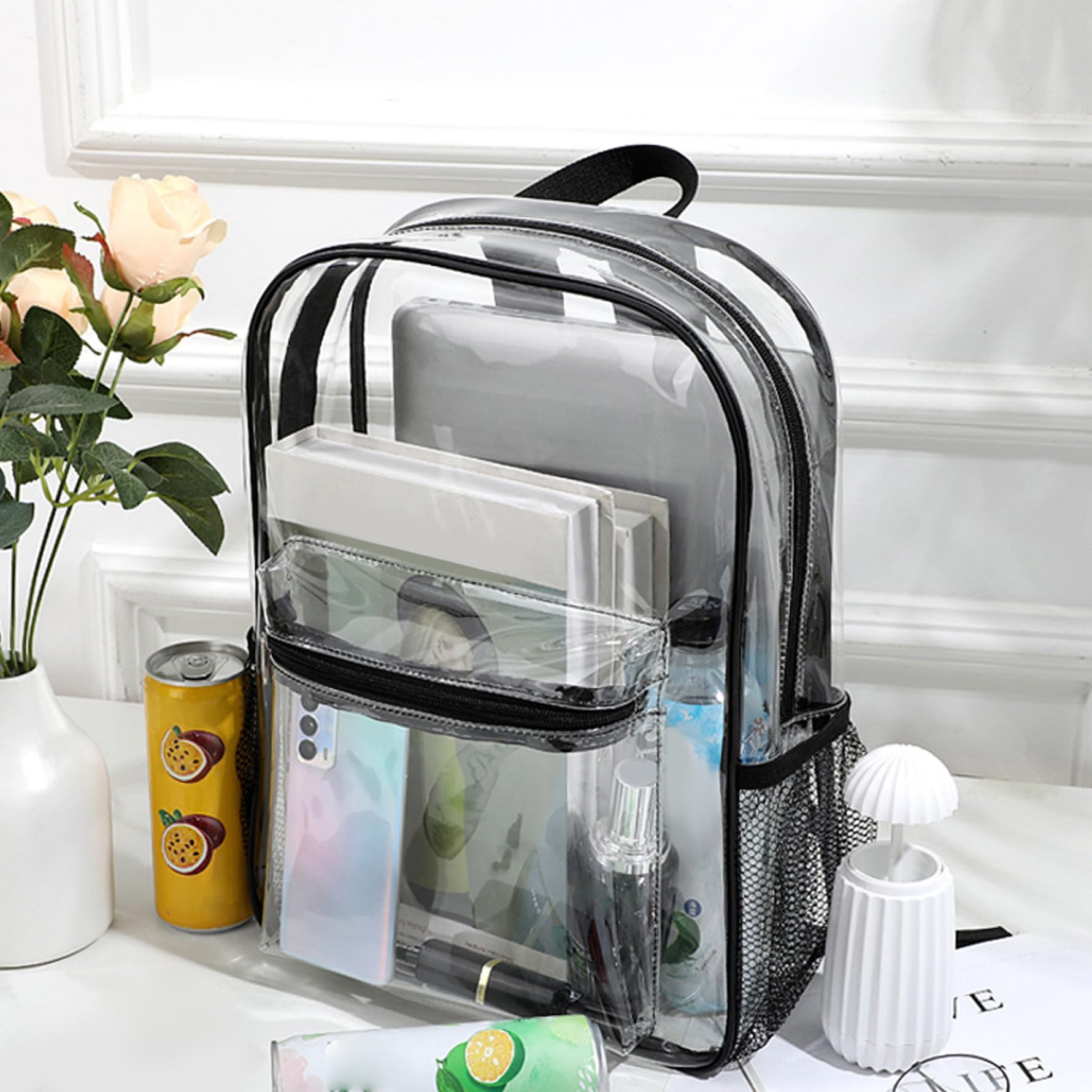 Vedi attraverso lo zaino, chiaro zaino in PVC flessibile PVC Clear Book Bag di grandi capacità, borsa trasparente con cinturini rinforzati zaino trasparente per viaggi di lavoro universitario, nero