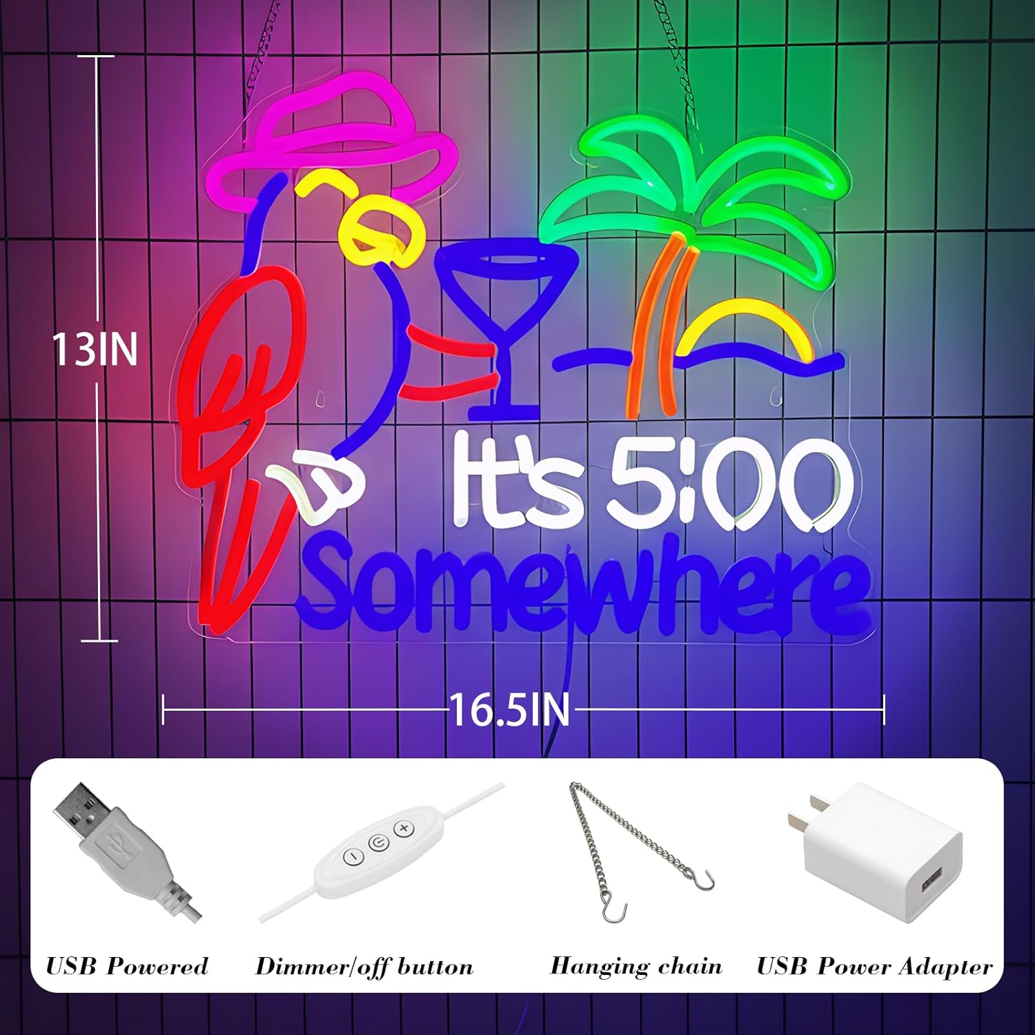 Its 5 00 O'clock Some Where Neon Sign for Wall Decor, Funny Parrot Design, USB Powered with Adapter, Dimmable LED Light for Bar, Beer, Man Cave, 16.5 x 13 inch - Image 2