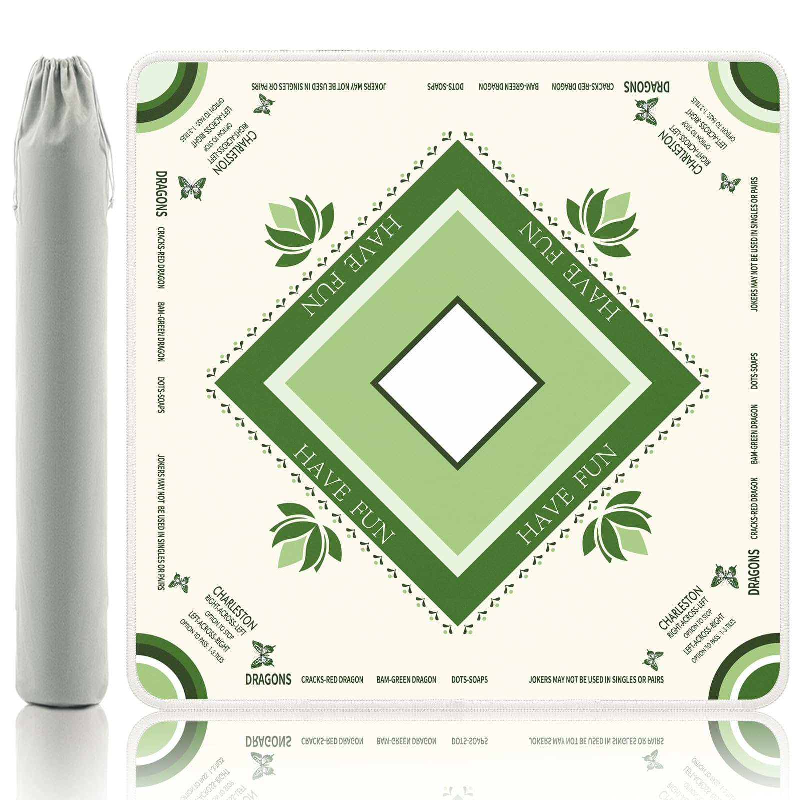 Gedgan Mahjong Mat with Lotus & Butterfly Artwork - 32.4x32.4 Inch Hand-Painted Style Rubber Mat, Waterproof Surface, Anti-Slip Foldable Design for Asian-Themed Game Nights (Pale Green)