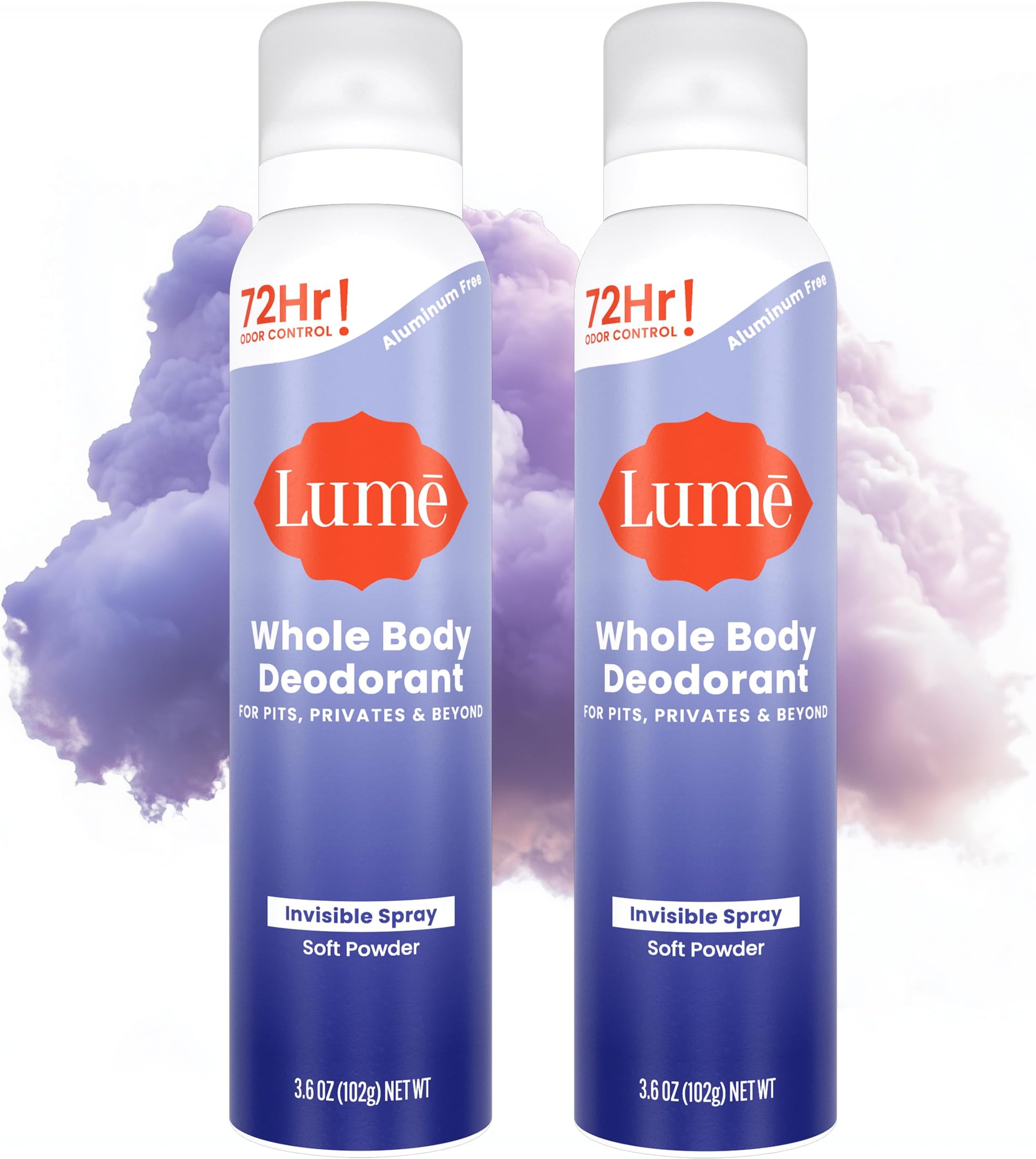 Lume Invisible Spray Deodorant For Women - Whole Body Deodorant Spray - 72 Hr Odor Control - Ozone Friendly, Natural Propellant - Aluminum & Baking Soda Free, Skin Loving - 2 pack (Soft Powder)
