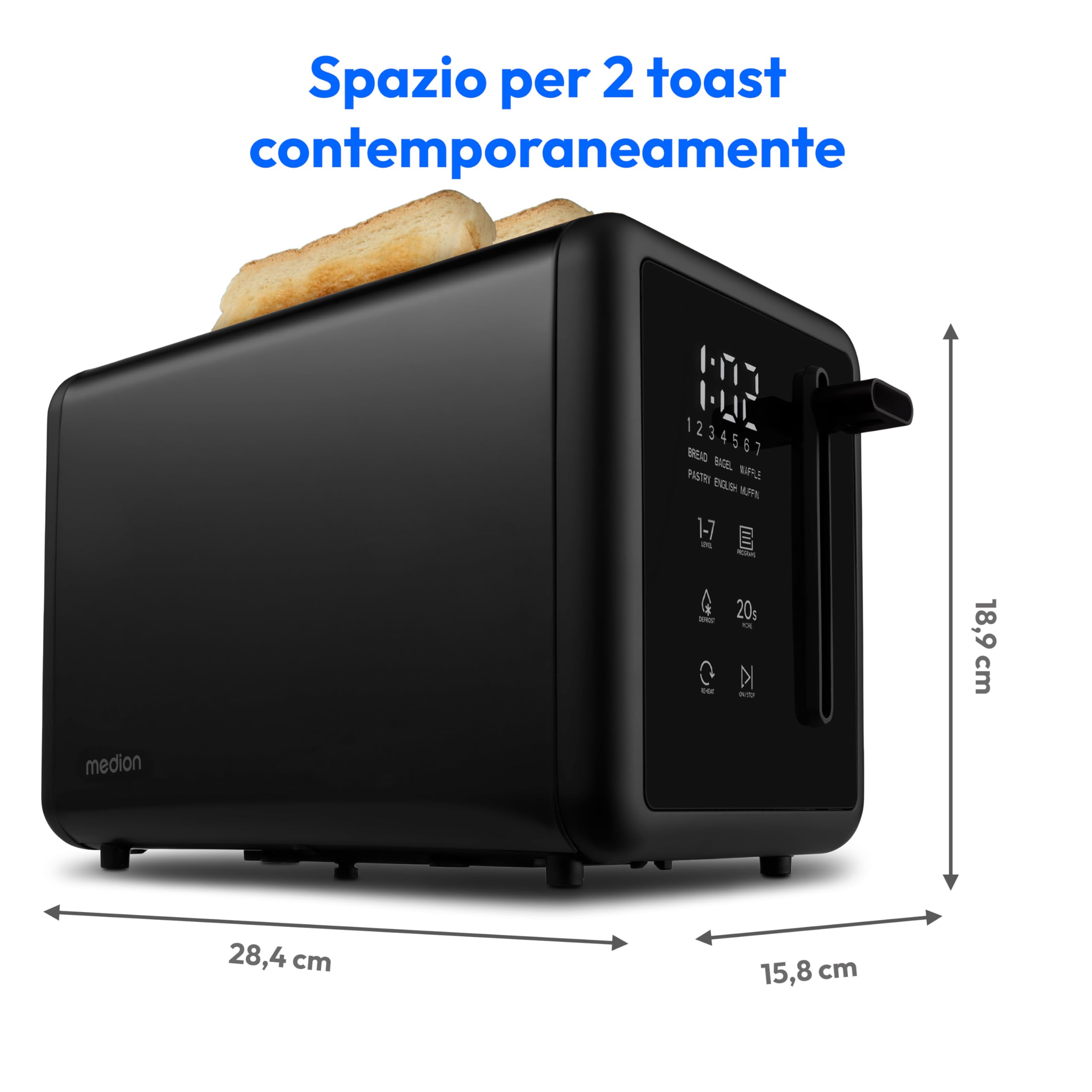 MEDION Tostapane MD12102 (2 fessure, display LED touch, 7 livelli di doratura, 5 programmi automatici) nero