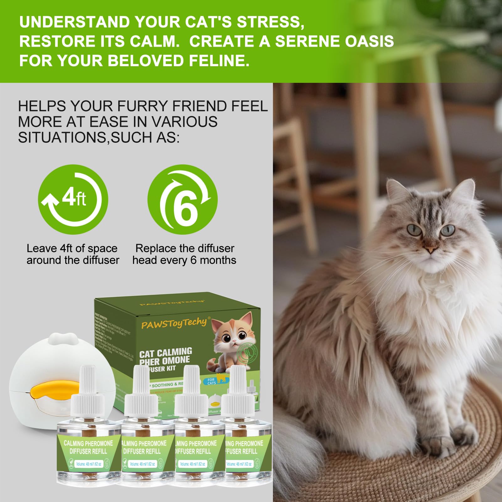 Kit diffusore calmante per gatti: 1 diffusore + 4 ricariche (fornitura 120 giorni), diffusore calmante professionale per gatti per alleviare l'ansia, aiuta a ridurre graffi, miagolii e segni delle