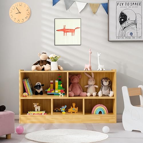 Miniatura 9 de MEDIMALL Organizador de almacenamiento de juguetes para niños de 5 cubos, estante de almacenamiento de madera de 2 niveles para libros y juguetes,