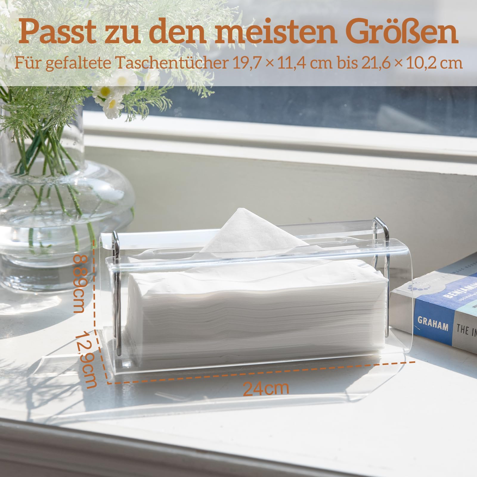Acryl Kosmetiktücherboxen Rechteckig mit Geschwungenem Design - Dekorativer, Moderner, Kristallklarer Taschentuchspender mit Silbernen Metallakzenten für Wohn-/Büro-Deko