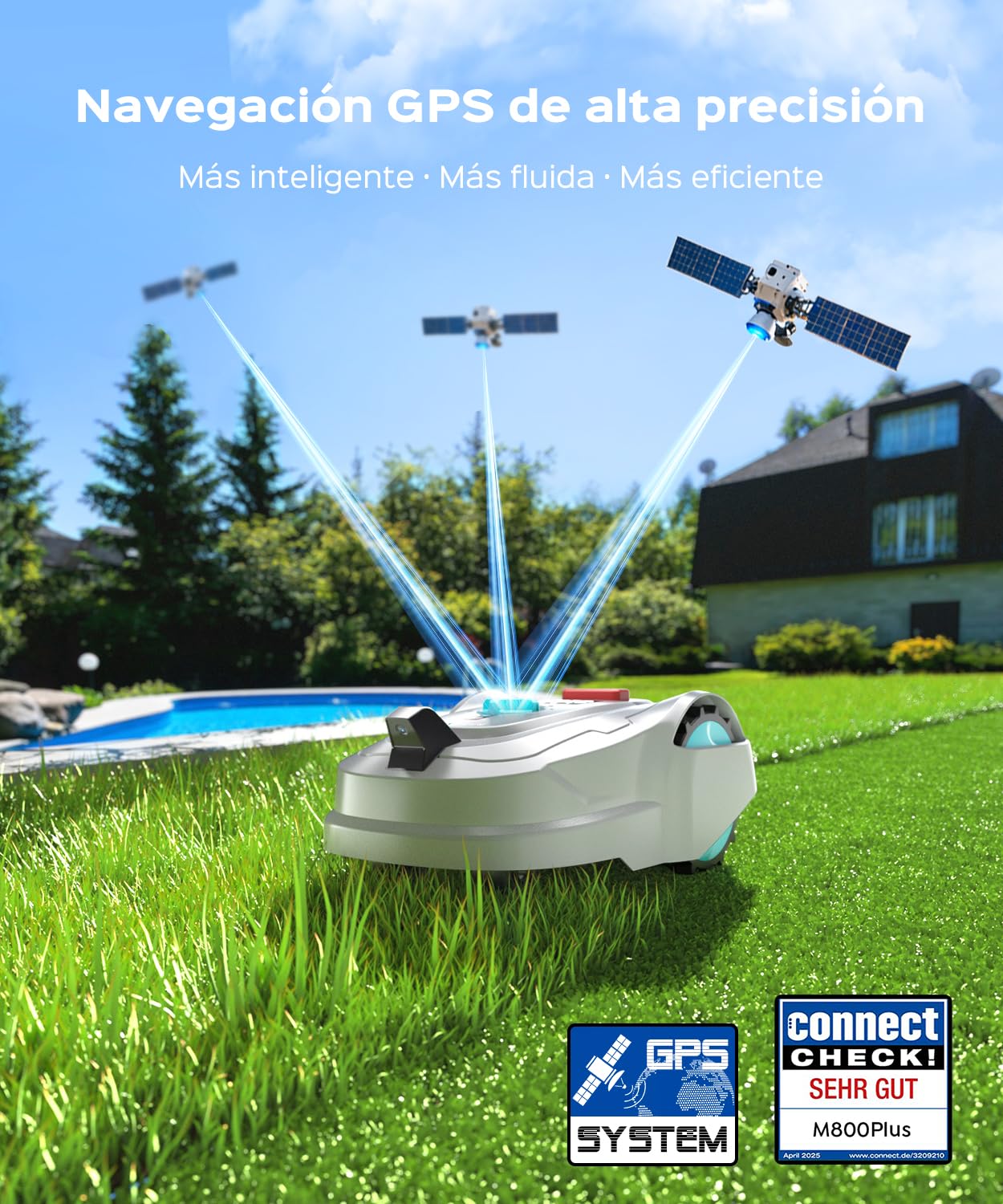 YARDCARE M800Plus Robot Cortacésped sin Cable Perimetral, Posicionamiento GPS + 3D Visión, Robot Cortacésped sin Cables, Modo de Corte en U,800 m², App, Detección de 150 Obstáculos, Blanco Turquesa
