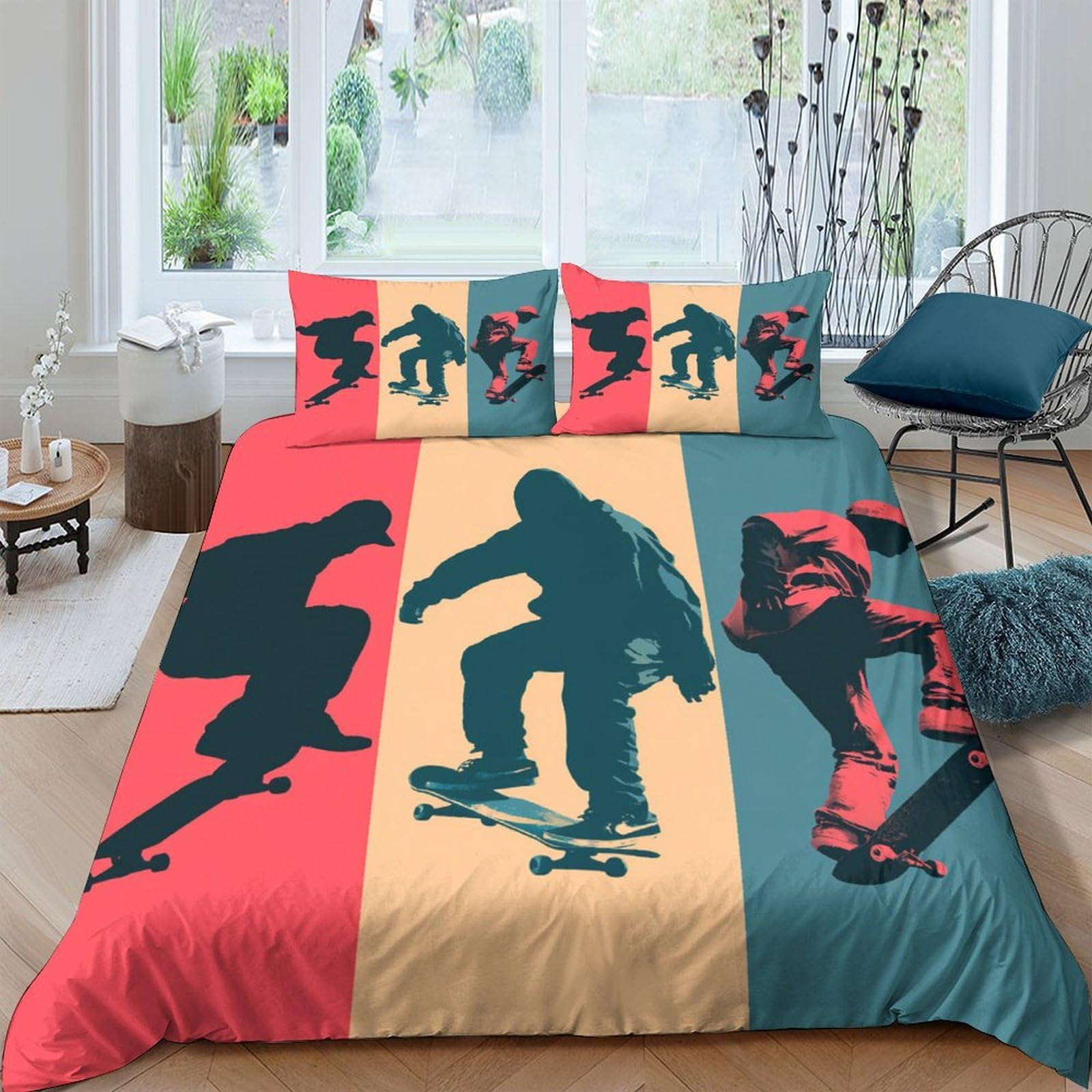 GPLZQXKJNH 3D Printed Skateboard Silhouette Duvet Cover Microfiber Soft Breathable Graffiti Bedding Set with 2 Pillowcases for Bedroom Decor Single（135x200cm）