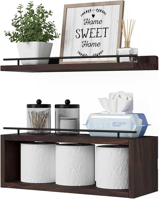 WOPITUES Floating Shelf with Extra Cube Shelf, Shelves for Wall Decor with Gold Metal Rail, Wall Shelves for Bedroom, Bathroom, Kitchen, Living Room, Plants, Pictures, Toilet Paper- Dark Brown