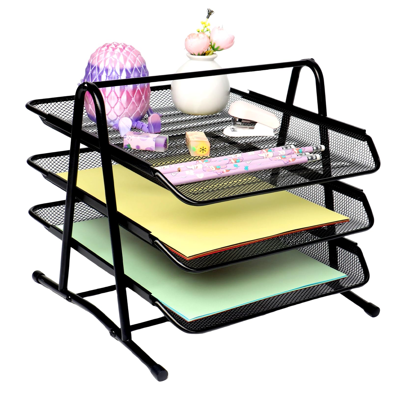 HMXLJJY Metal Mesh Desk Organiser, 3-Tier Letter Tray Office Filing Trays Holder, Stackable Document Organiser, Stacking Supports Document Filing Trays for Home Office School,Black