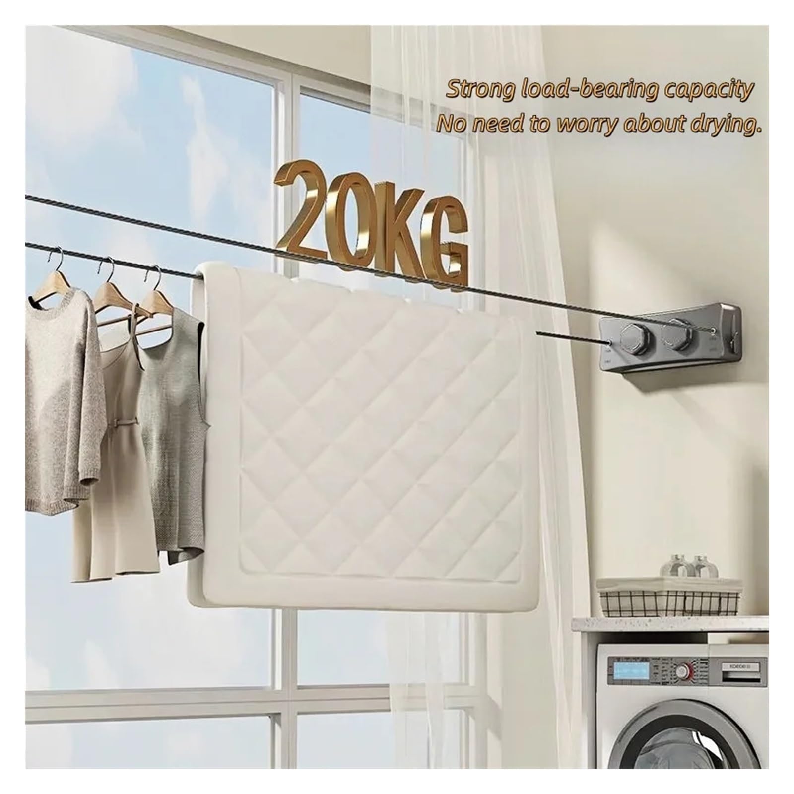 Wäscheleine, 5,1 Meter Lange, einziehbare Wäscheleine for drinnen und draußen, Badezimmer-Wäscheständer, doppellagig(White Two String)