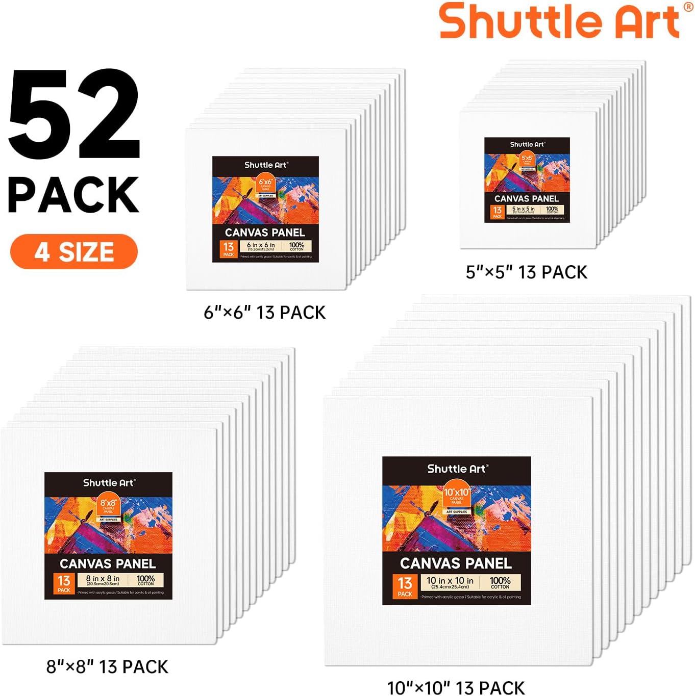 Shuttle Art Acrylic Painting Bundle, Set for 18 Colors Acrylic Paint Pouch (120ml/4oz) + 52 Multi Pack Painting Canvas Panels