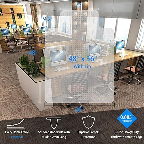 Miniatura 7 de HOMEK Tapete para silla de oficina para suelos alfombrados, tapete transparente para silla con borde 48 x 36 x 0.09 pulgadas