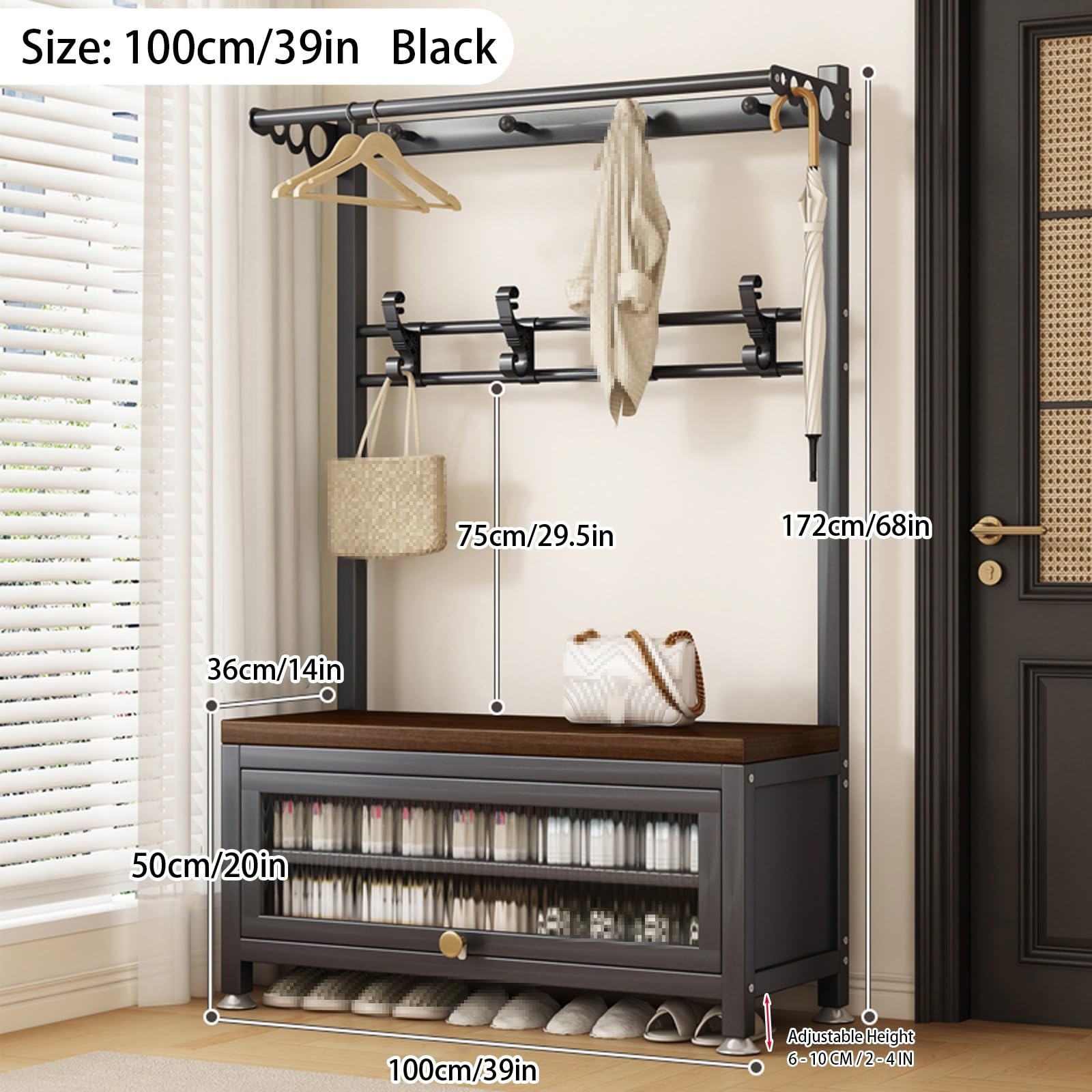 Perchero de Pie Blanco con Estante de Almacenamiento, 6 en 1 Perchero Entrada Recibidor con Banco de Almacenamiento, Mueble Recibidor para Dormitorio o Sala de Estar(Black,100cm/39in)