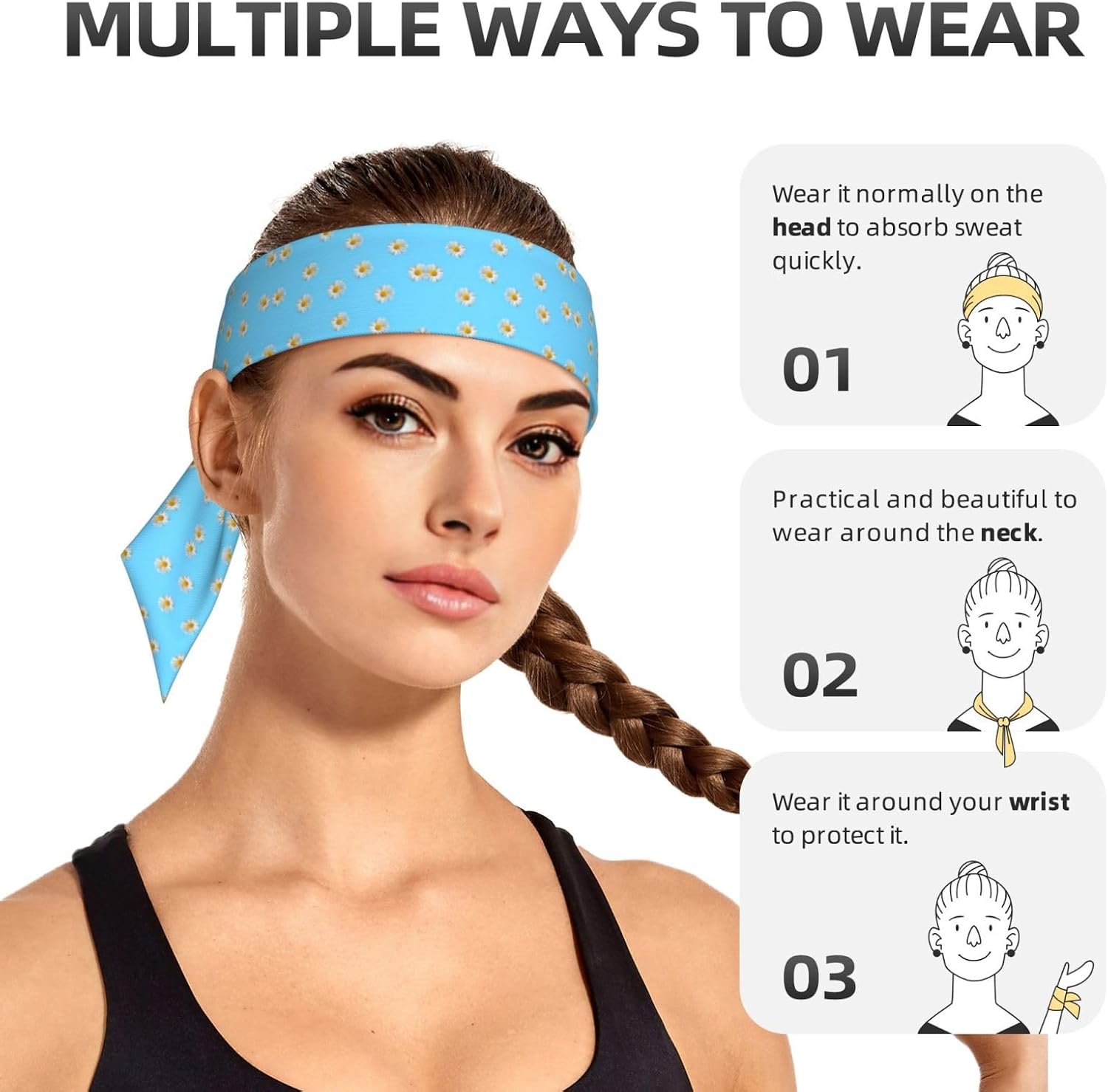 Small Daisy Print Soft Long Unisex Adjustable Headwraps, Hair Athletic Bands for Running, Tennis, and Sports