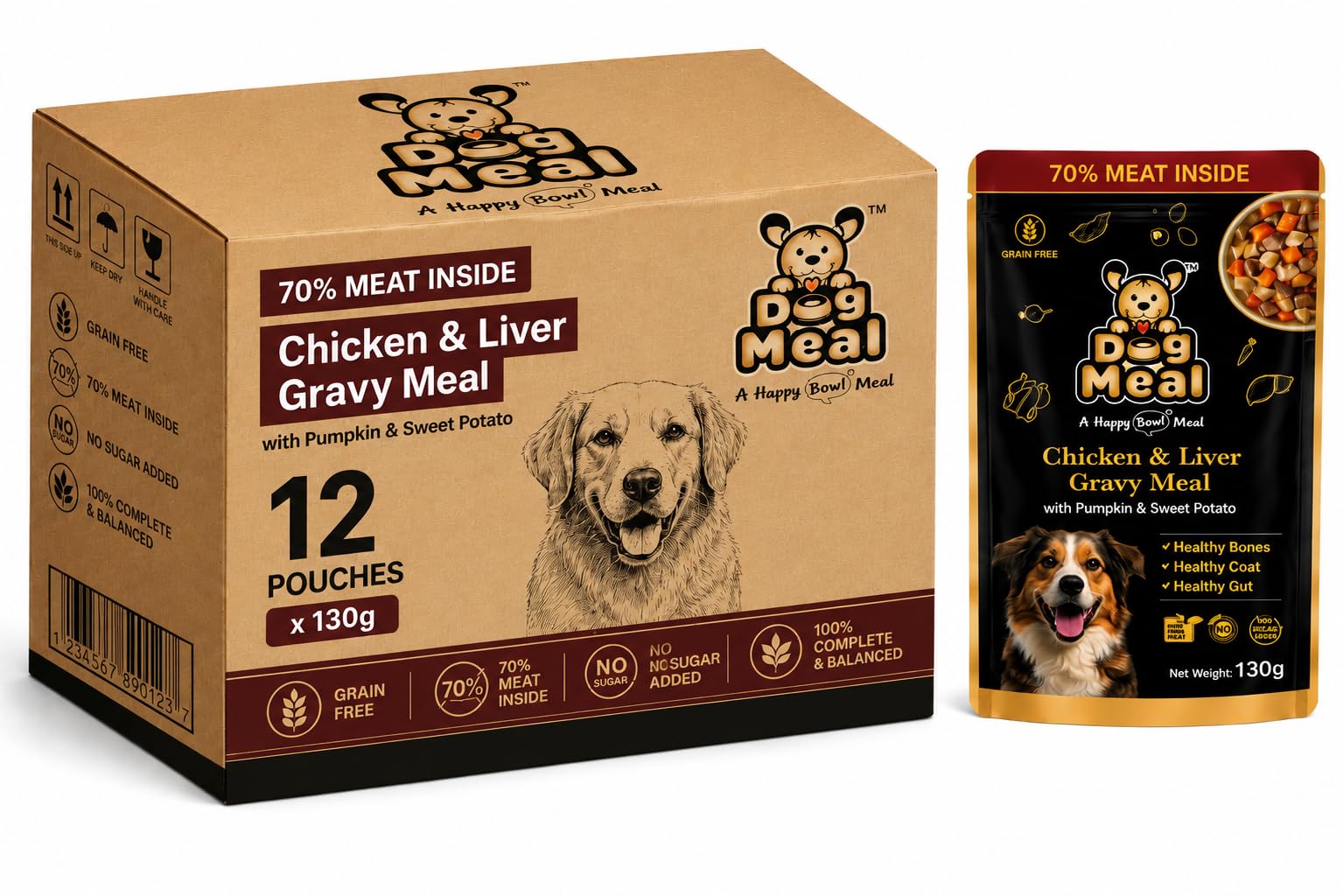 Dog Meal Chicken & Liver Gravy Wet Dog Food, 12 x 130g | 70% Meat Inside, Grain Free, No Sugar Added, with Pumpkin & Sweet Potato, Complete & Balanced-image-37