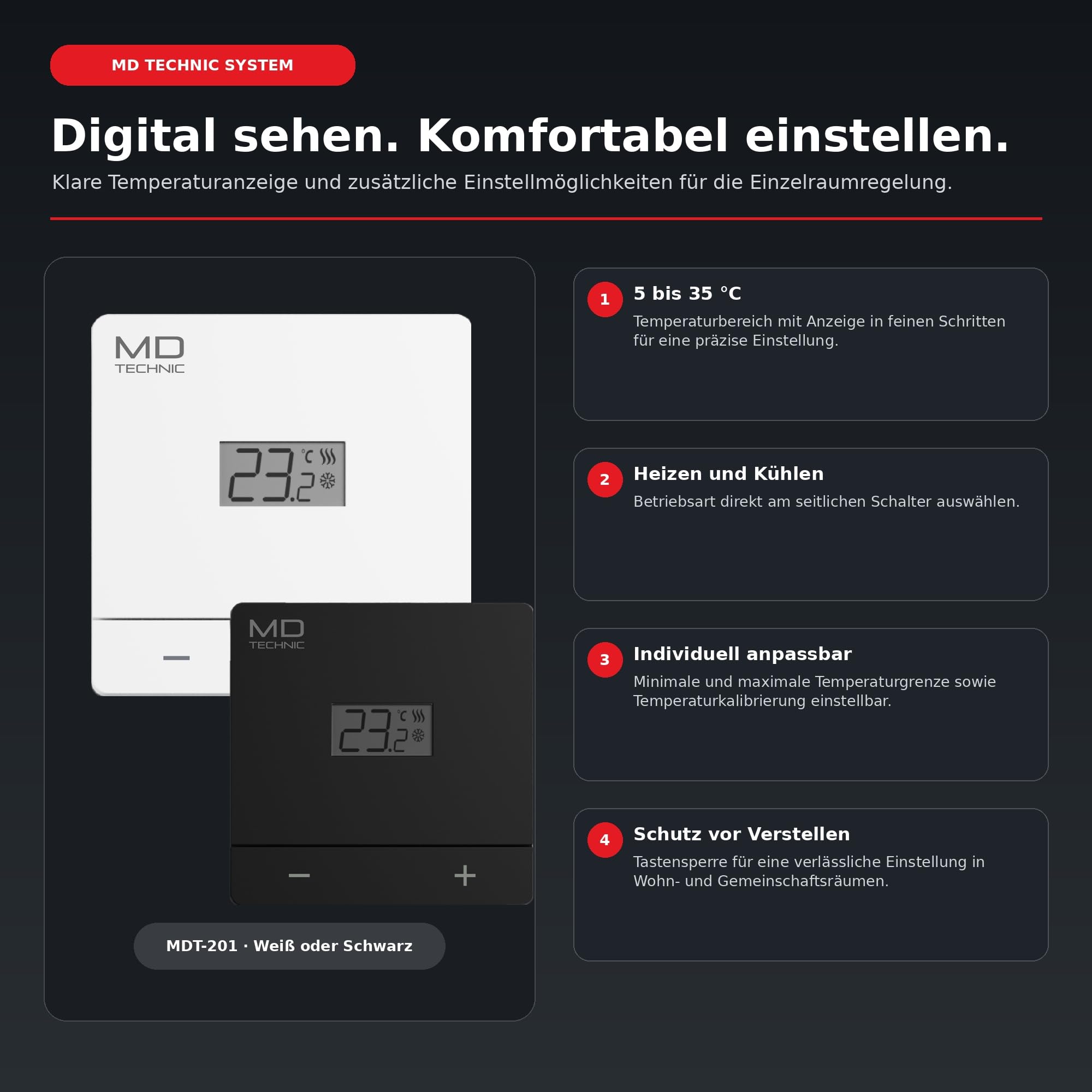Raumthermostat Weiß 230 V, Heizen und Kühlen, Digitalanzeige