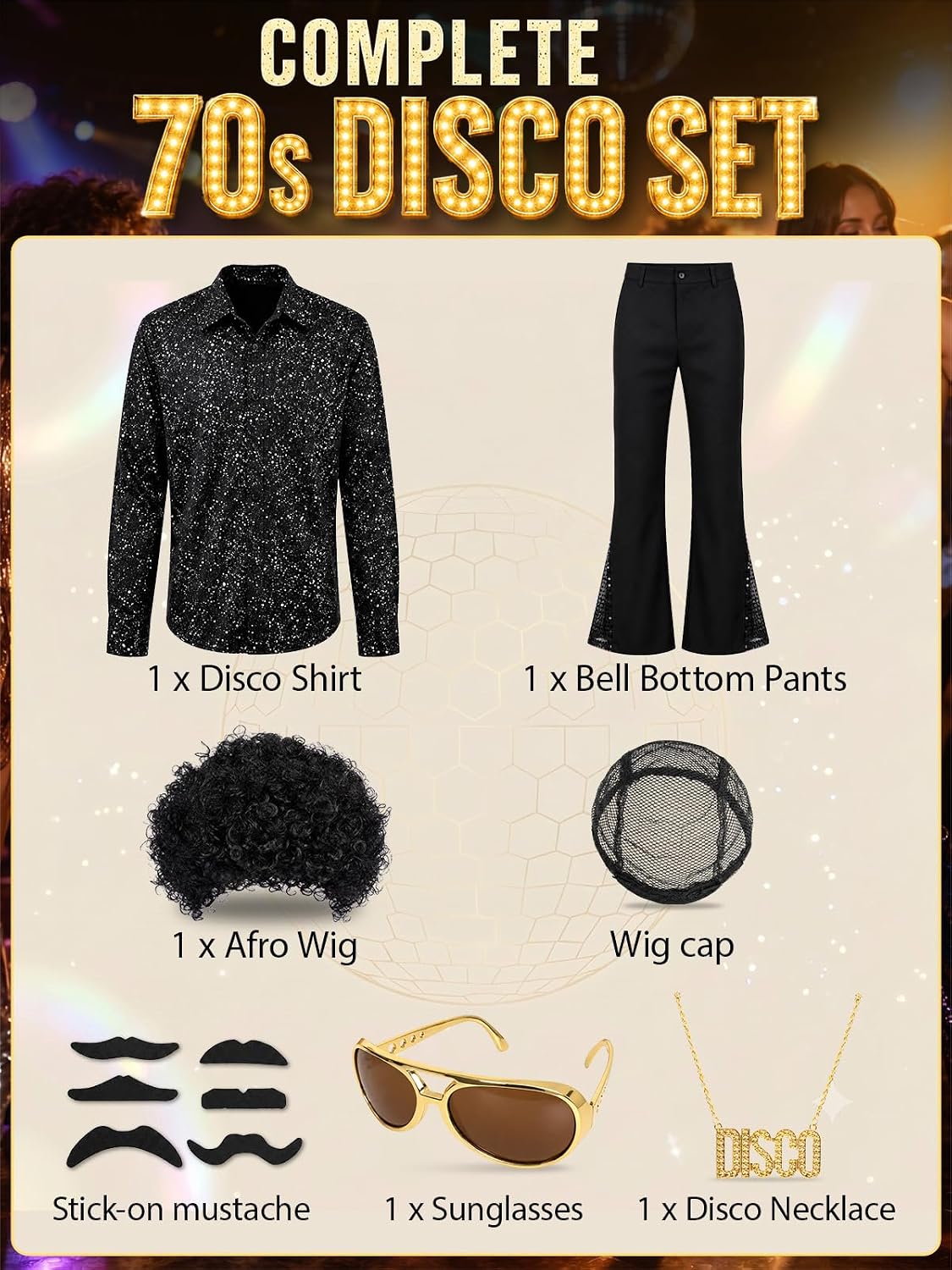 70s Outfits for Men – Retro Disco Costume Set with Shirt, Bell Bottom Pants for 1970 Theme Party Halloween