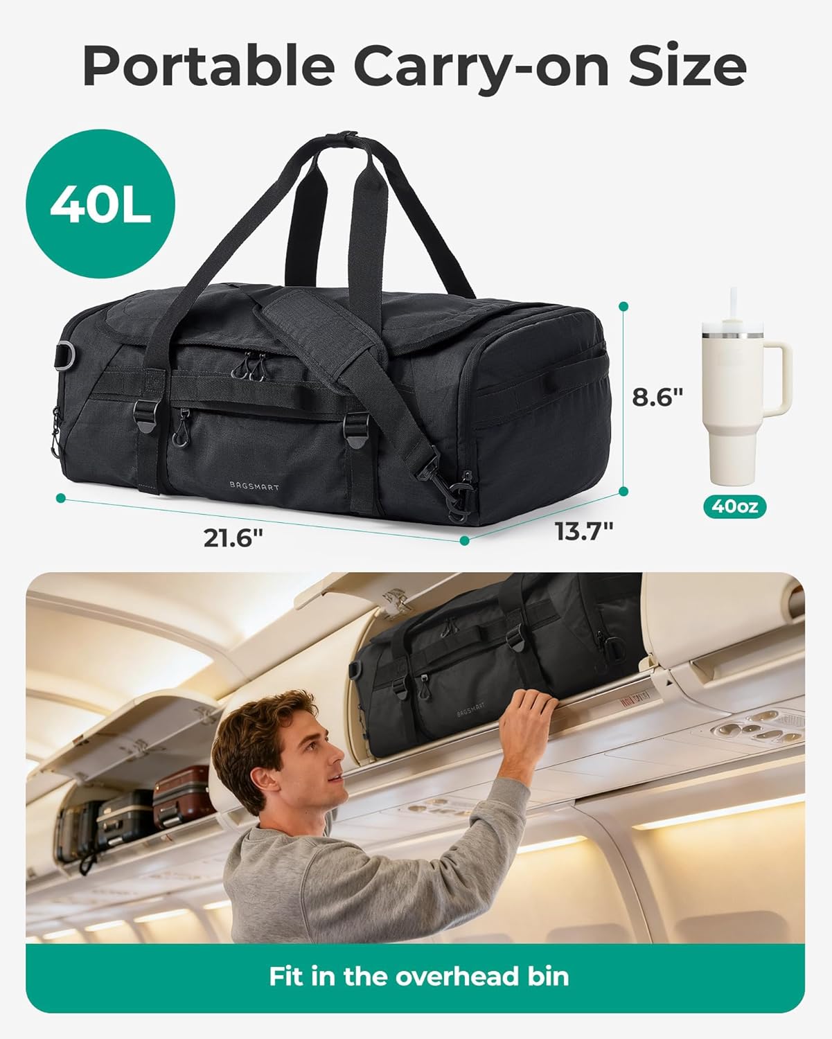 BAGSMART 4-IN-1 Duffle Bag for Travel, 40L Travel Bag Gym Duffle, TSA Carry on Backpack with Shoes Compartment & Wet Pocket, Water-resistant Workout Duffel, Camel