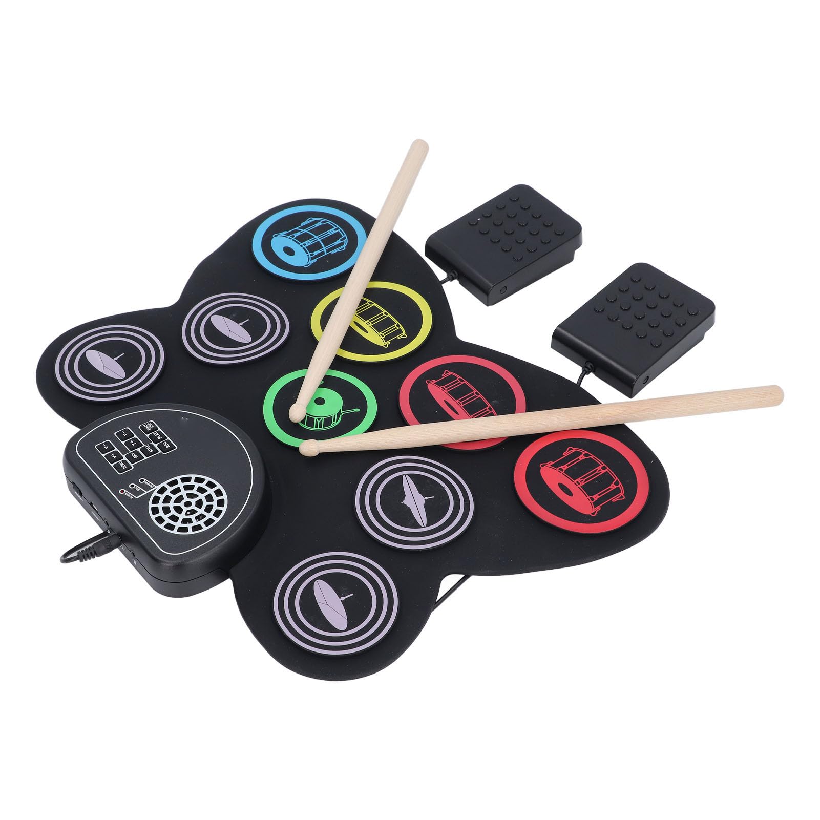 Batería Electrónica Enrollable, 7 Pads con Altavoz Incorporado y Grabación, Kit Portátil Recargable para Auriculares, for Práctica en Casa, Músicos Principiantes, Niños y Regalo Ideal