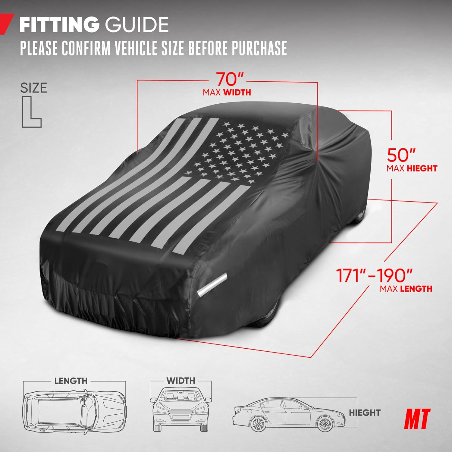 Motor Trend Black USA Flag Waterproof Car Cover - All Weather Outdoor Protection, UV Resistant, Windproof, Scratchproof - Semi-Universal Fit Sedan Full Car Cover for Sun Rain Snow (171”- 190” Length)