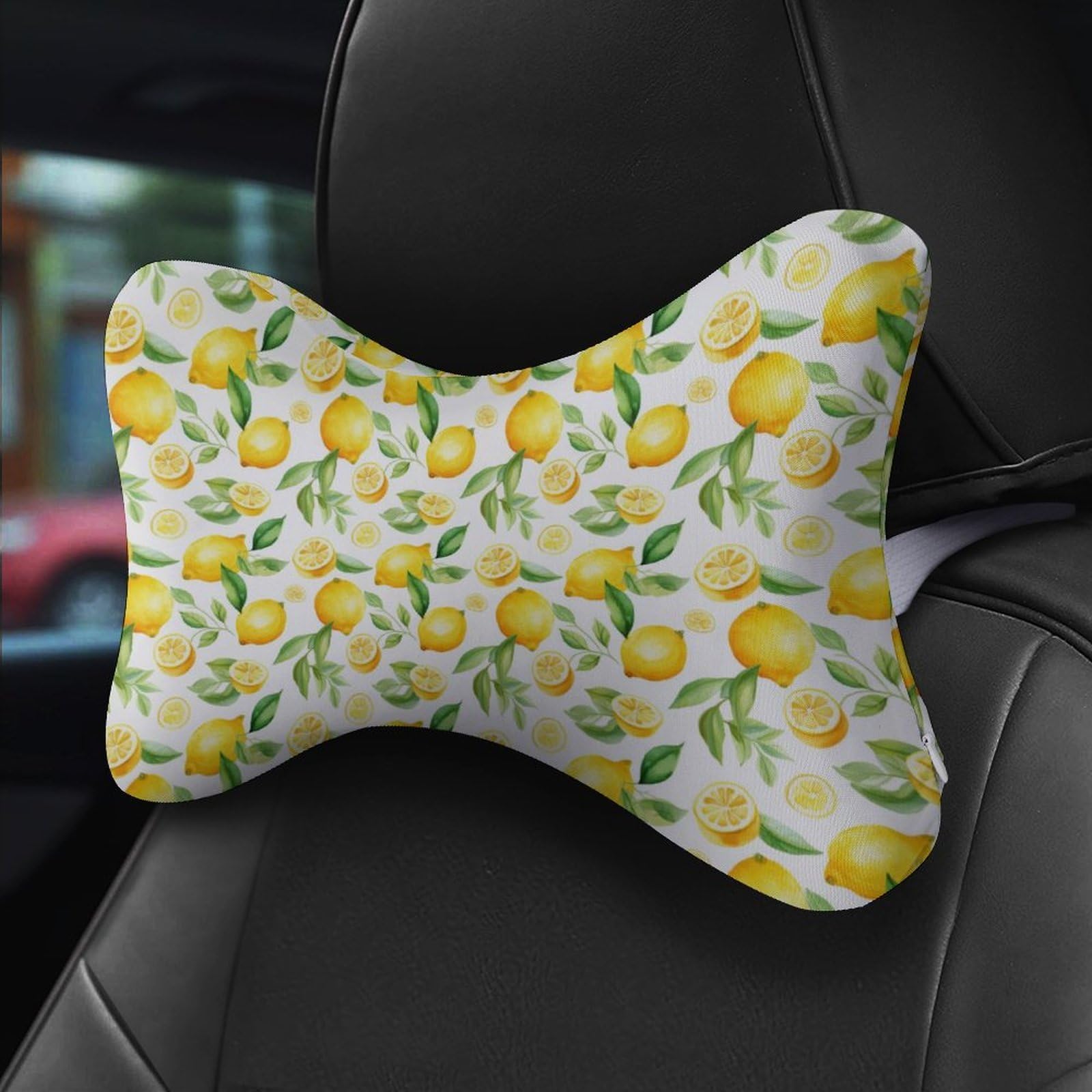 SMAZDFXX Yellow Lemon Lemon Slice Leaves Car Neck Pillow Set of 2 Car Seat Head Support Cushion Bone Pillows with Elastic Strap