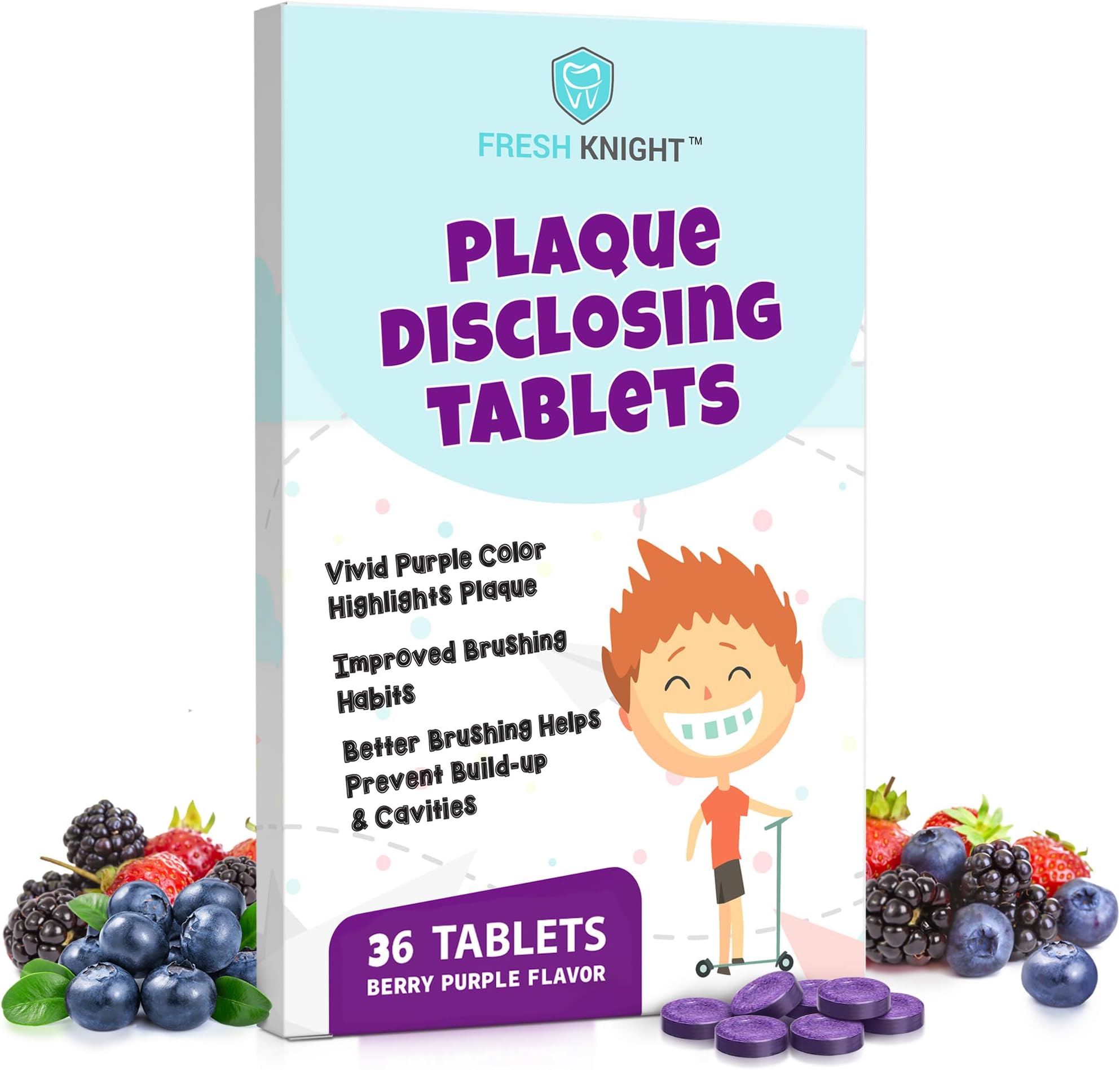 Plaque Disclosing Tablets for Teeth, 36 Count, Dental Disclosing Tablets for Kids or Adults, Shows Plaque, Helps Teach Kids Teeth-Brushing Habits for Clean Smile, by Fresh Knight, (Pack of 1)