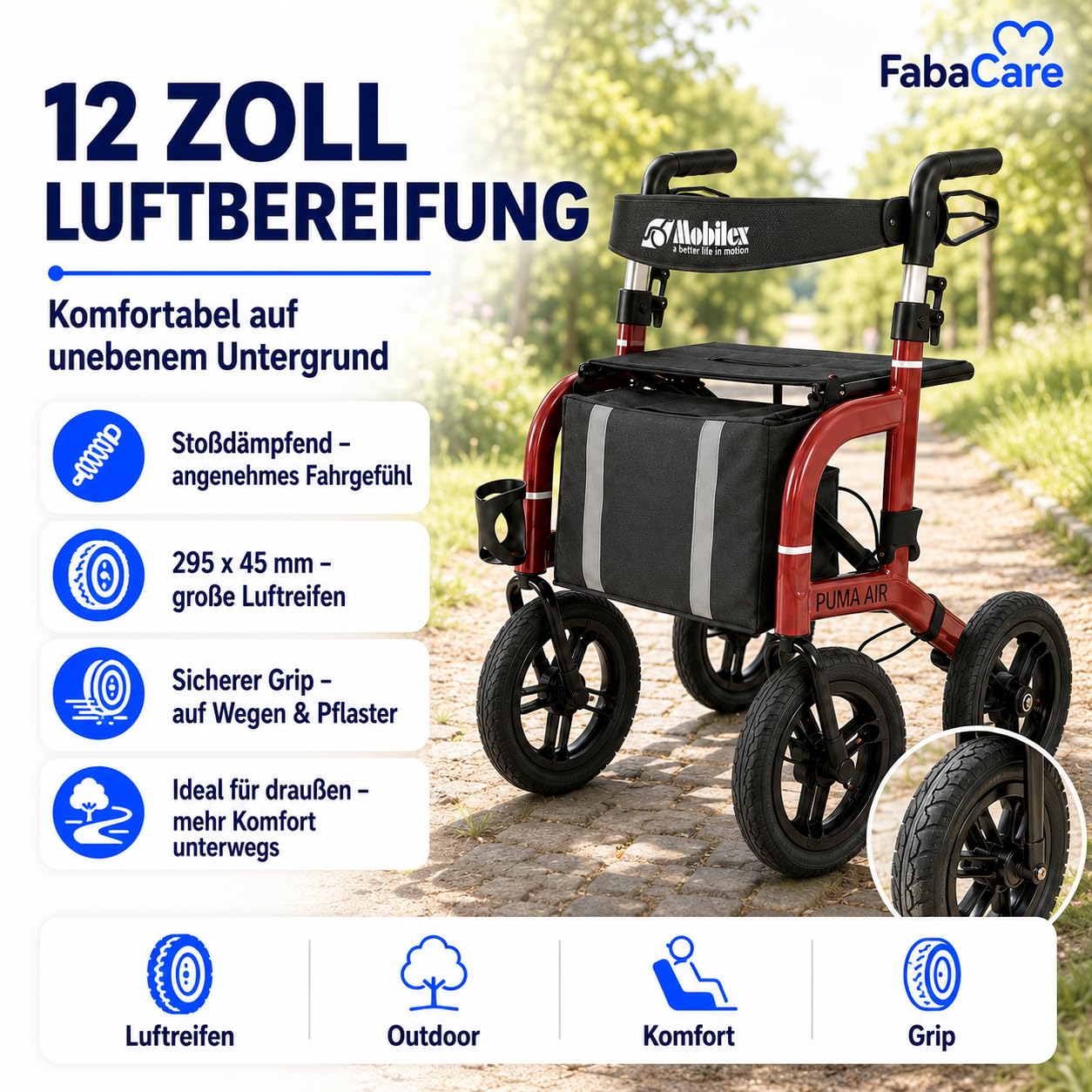 FabaCare Outdoor-Rollator Puma Air rot mit Luftbereifung | Leichtgewichtrollator faltbar bis 150 kg mit Tasche, Rückengurt, Stockhalter, Getränkehalter & Feststellbremse