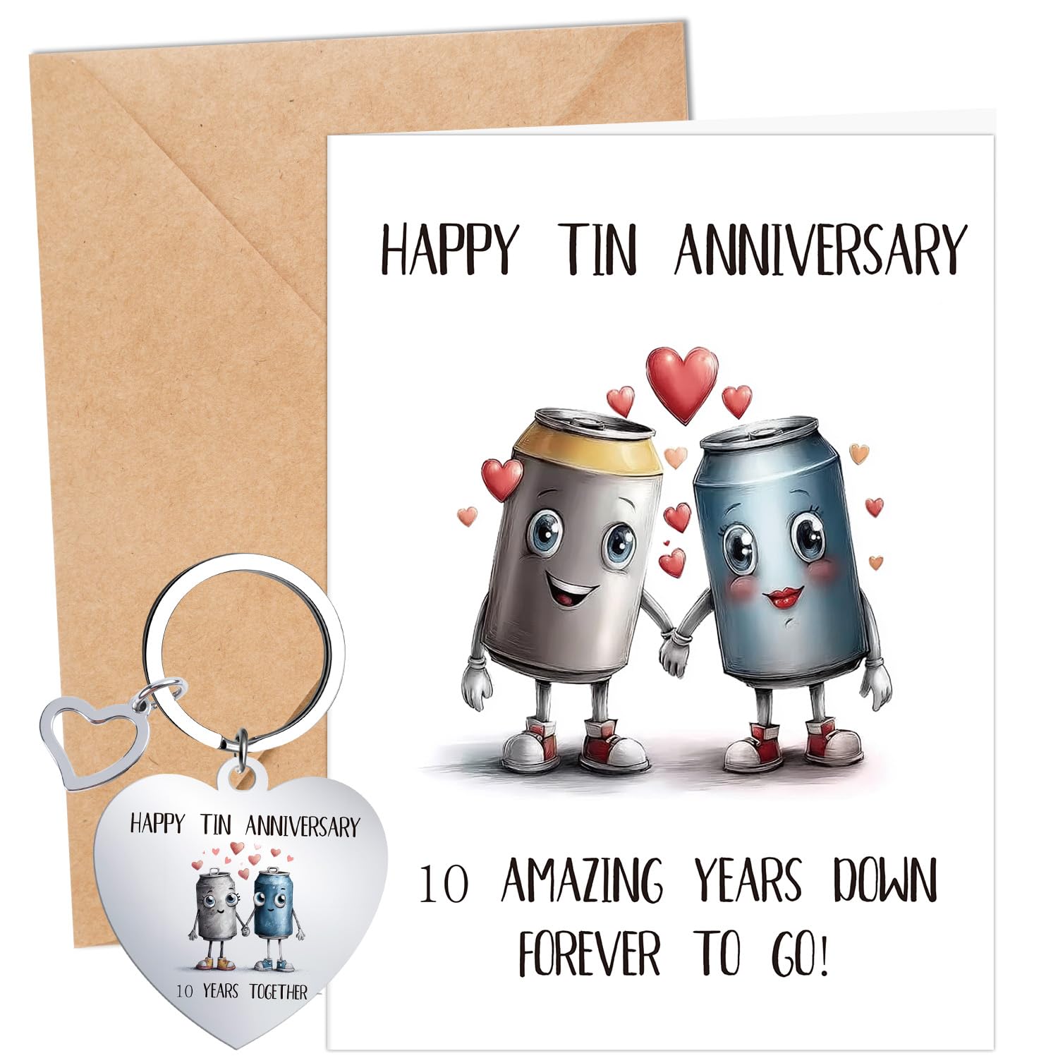 Eiapadeor 10th Wedding Anniversary Card Gift - 2PCS Anniversary Tin Gifts, 10 Years Wedding Card With Envelopes, Unique Heart Keyring, Funny 10th Tin Card for Wife Husband Couple