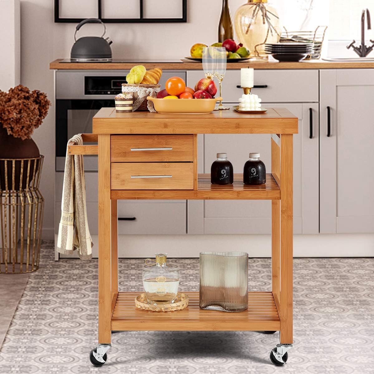 EROMMY Rolling Bamboo Wood Kitchen Island Cart, Multi-Purpose Kitchen Trolley Cart on Wheels, Rolling Kitchen Cart with Drawers, Open Storage Shelves, Towel Rack, Locking Casters : Home & Kitchen