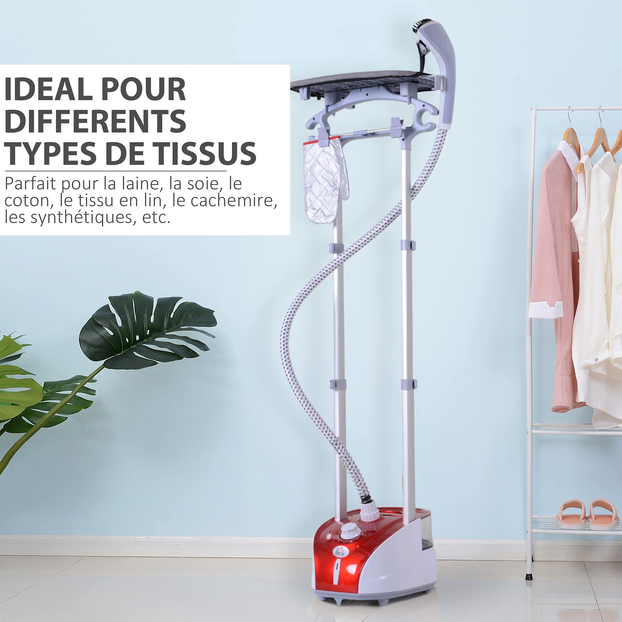HOMCOM Défroisseur Vapeur Vertical 1950 W 32g/min Autonomie 45min Rouge | Réservoir d'Eau 2 Litres, Tige Télescopique, Fer Vertical, 11 Températures Réglables, Prêt en 38s, Planche et Cintre Fournis