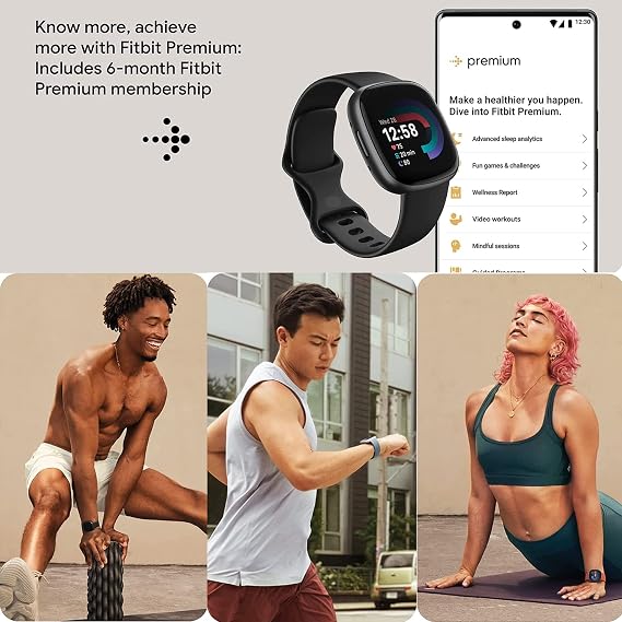 Fitbit Versa 4 Health and Fitness Smart Watch (Black/Graphite) with Built-in GPS, 6 Day Battery Life, S & L Bands, Bundle with 3.3foot Charge Cable, Wall Adapter, Screen Protectors & PremGear Cloth