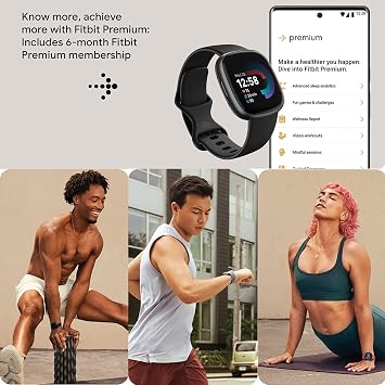 Fitbit Versa 4 Health and Fitness Smart Watch (Black/Graphite) with Built-in GPS, 6 Day Battery Life, S & L Bands, Bundle with 3.3foot Charge Cable, Wall Adapter, Screen Protectors & PremGear Cloth