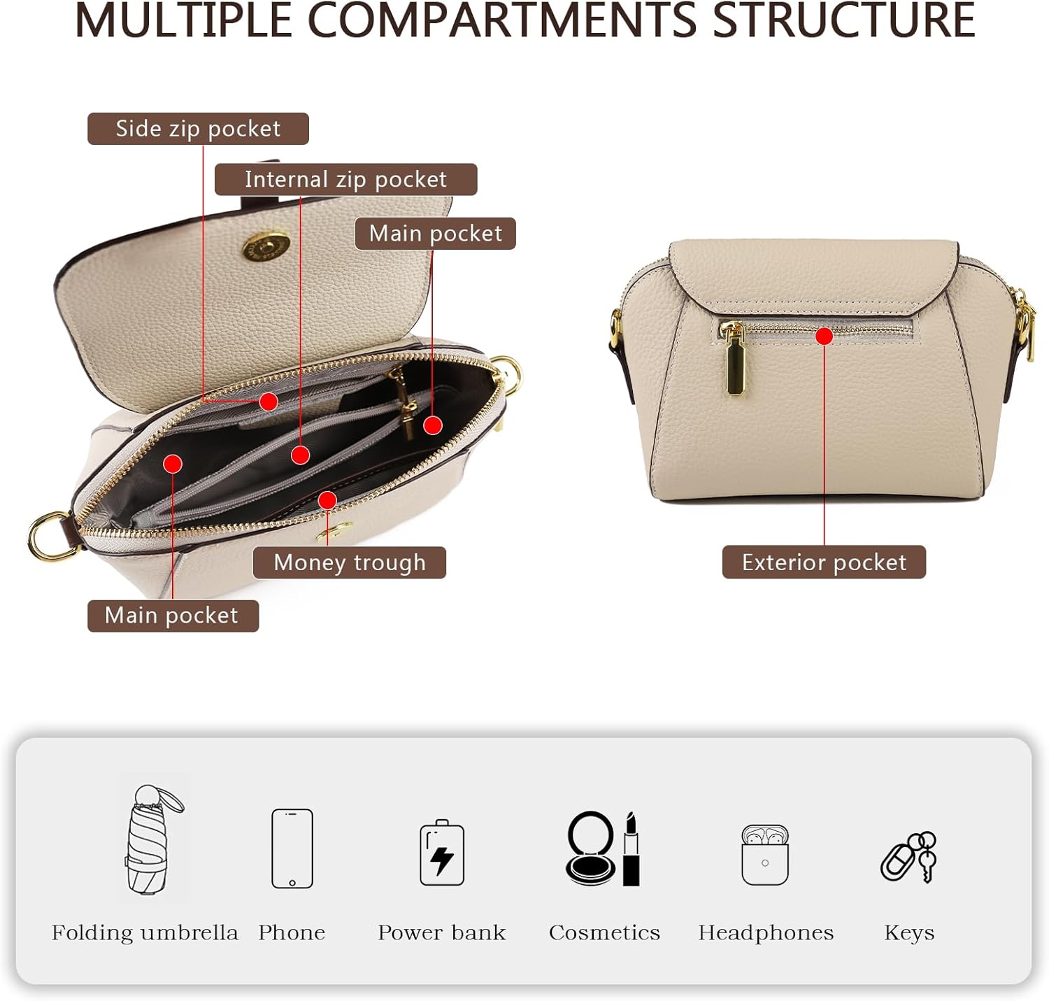 imeetu Genuine Leather Crossbody Bag for Women with Removable Adjustable Strap, Shoulder Purse - Image 5