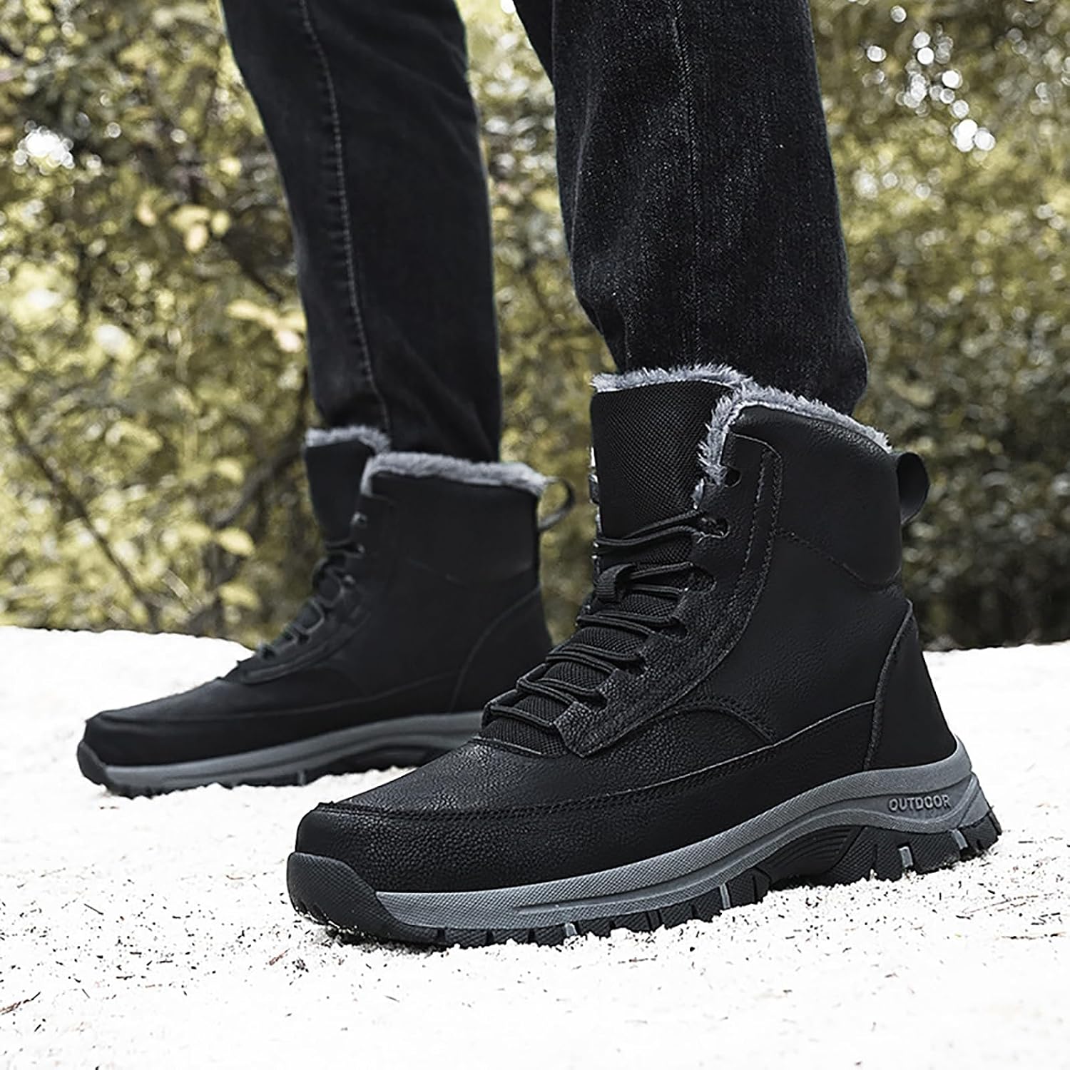Men's Fur Lined Winter Snow Boots Outdoor High-top Waterproof Lace-Up Non-slip Hiking Warm Ankle Boots Comfort Walking Climbing Work Trekking Booties