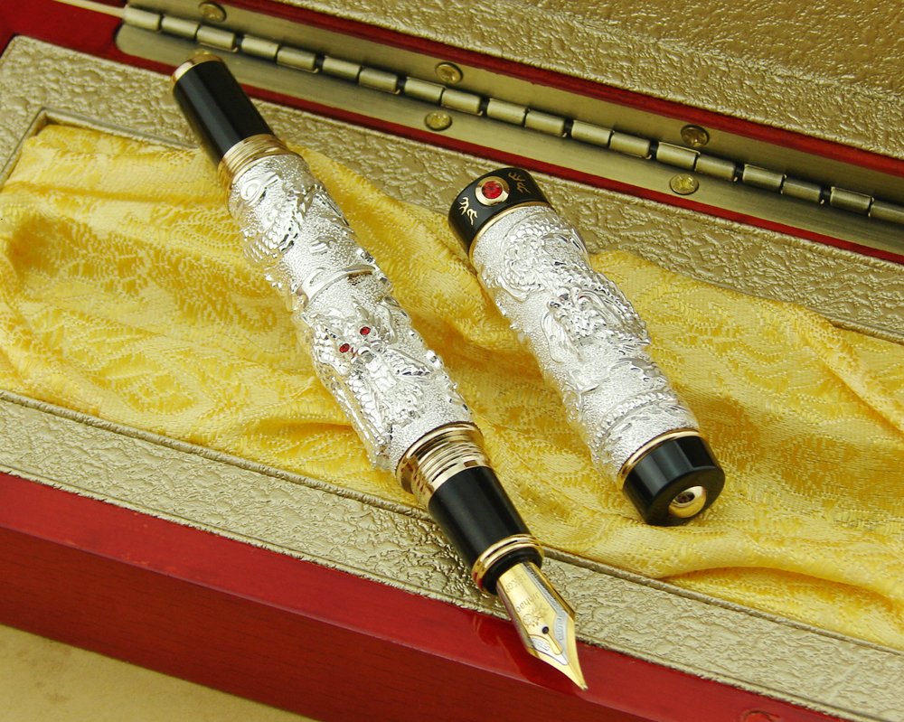 Jinhao Zwillinge Drachen Füllfederhalter – Perlmutt-Grau Mit Rotem Akzent, In Holz-Geschenkbox