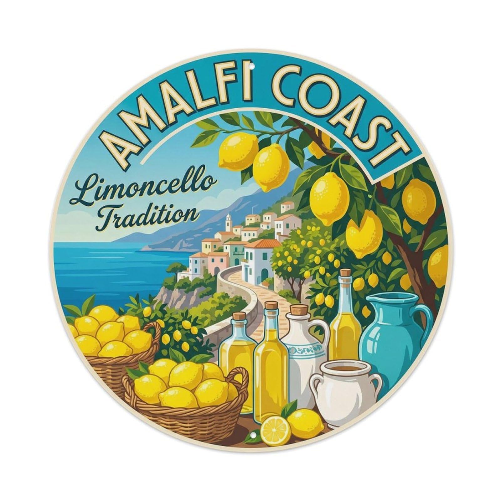 Classic Amalfi Mediterranean Lemon Grove Scene Travel Metal Tin Sign Plaque Wall Decor for Cafe, Man Cave, Club Bar, Office, Home Garden Round Metal Poster 8x8Inch