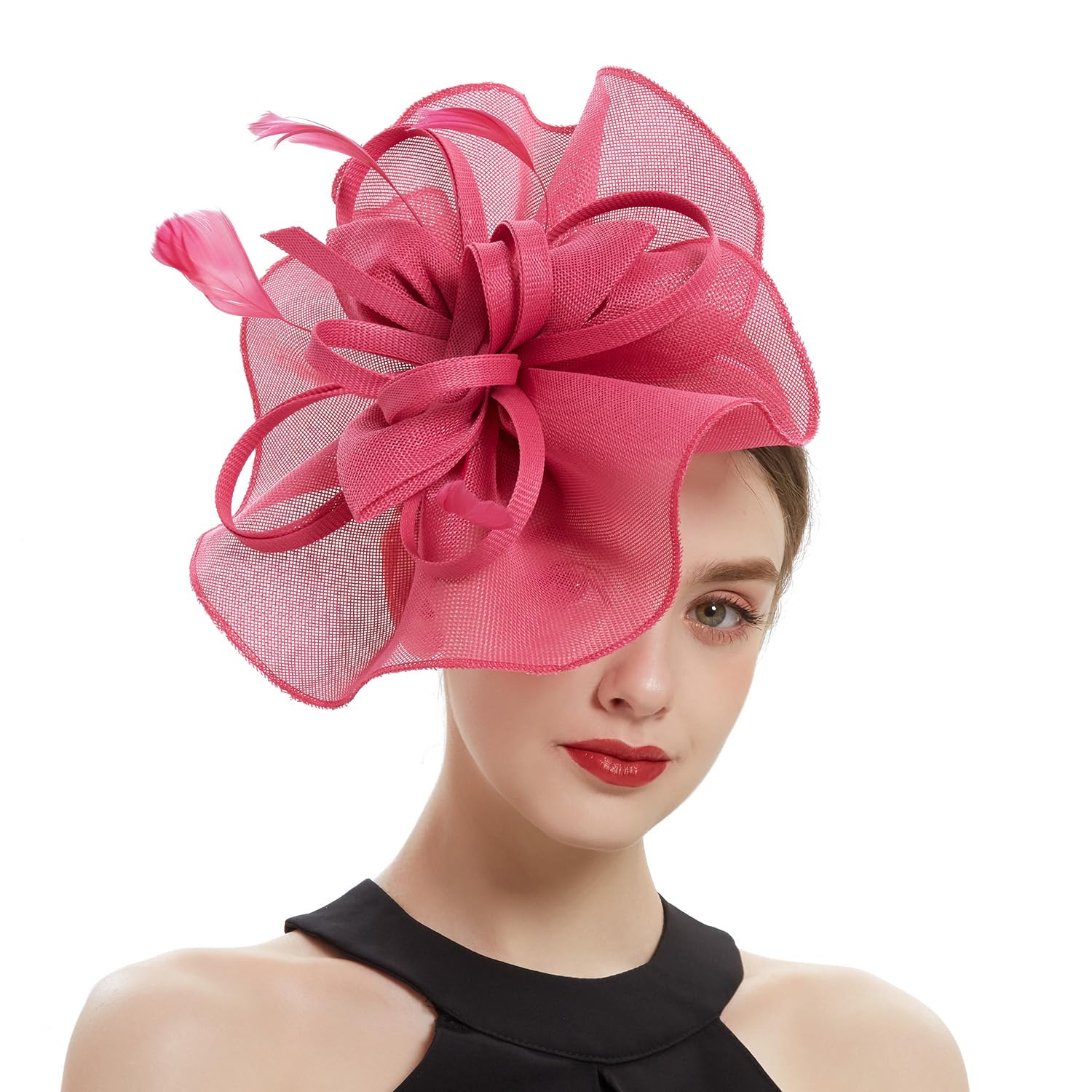 Brawlady Women's 5808Hot Pink Sinamay Fascinator Hat With Top Flower, Feather Headwear For Church Wedding Derby Cocktail Tea Party Hot Pink