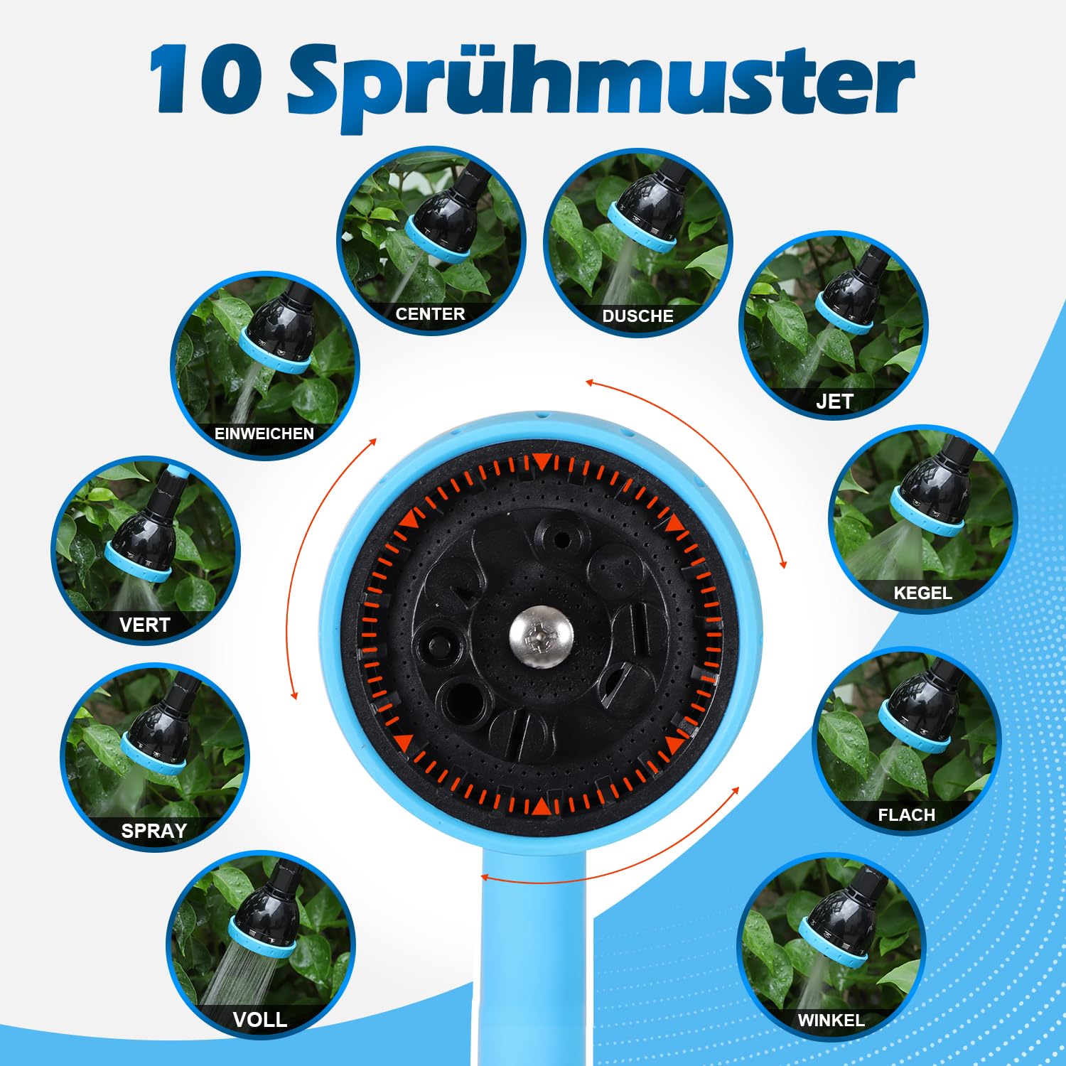 PRAOAHEI Garten Gießstab, 73cm Lang Biegsam Gartenbrause mit 360° Schwenkkopf, 10 Sprühmustern Kopf mit Sanfte Dusche und Durchflusskontrolle für Blumenampeln und Sträucher, Pflanzen, Blau