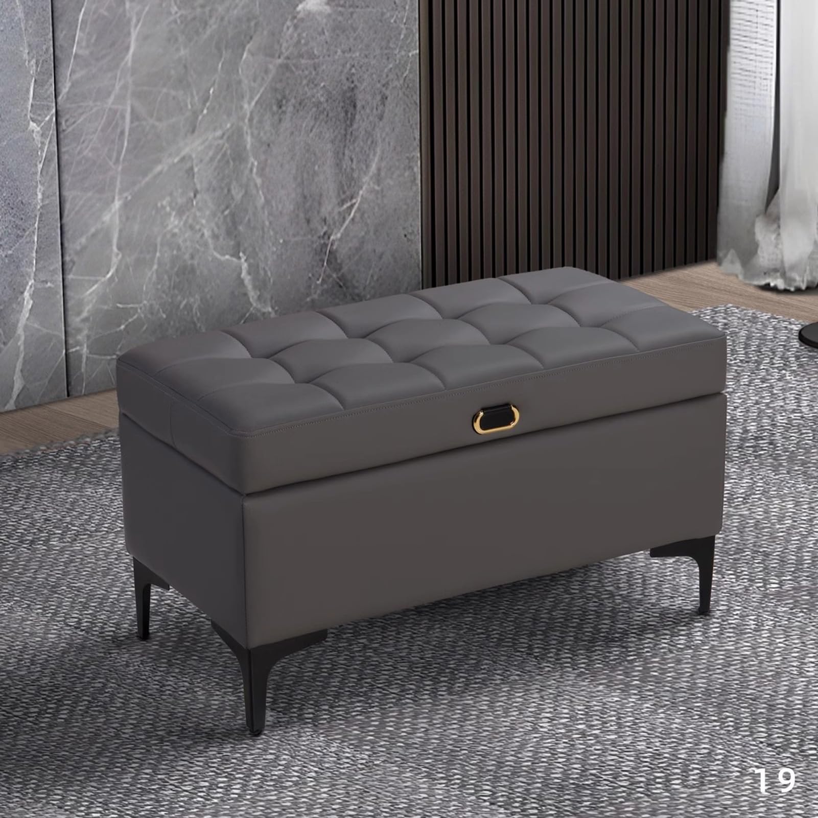 Banc ottoman de rangement en cuir capitonné et pieds acier noir pour l'entrée