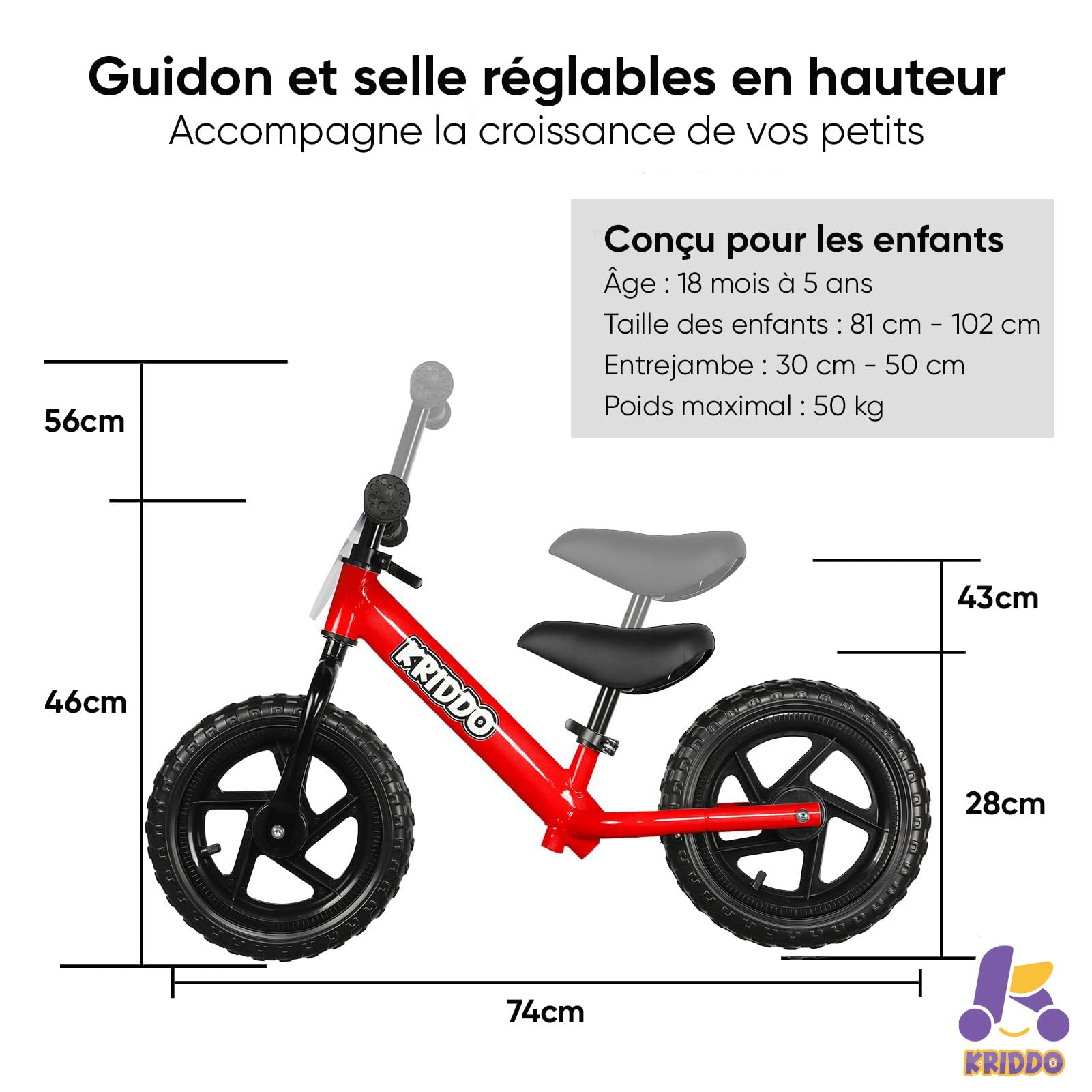KRIDDO Draisienne 2 Ans, Vélo Bébé sans Pédales 12 Pouces avec Plaque Individuelle
