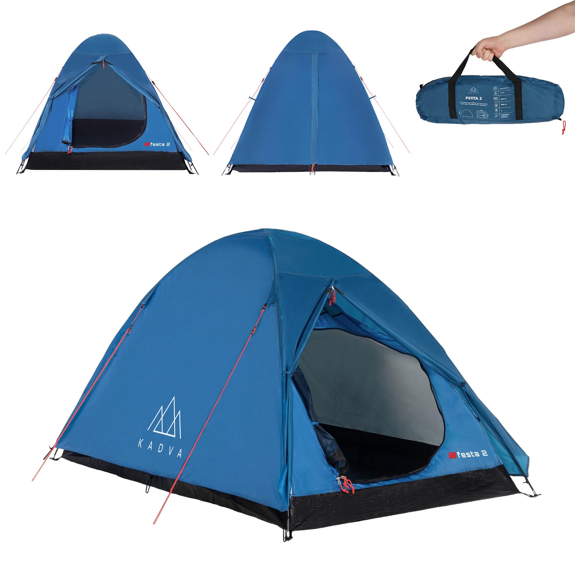KADVA Campingzelt Festa 2 Zelt 200 x 120 x 105 cm für 2 Personen mit Moskitonetz Wasserdichtes Leichtes und Robustes Fiberglasgestell Ideal für Camping und Wandern